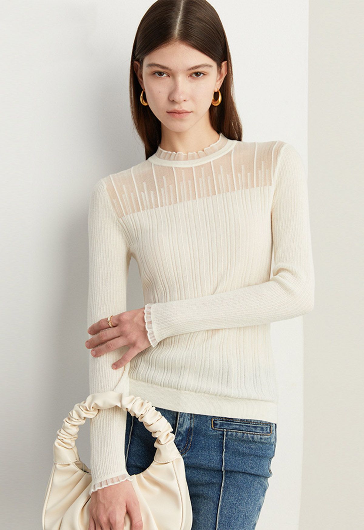 Ruffled Mock Neck Mesh Spliced Long Sleeve Knit Top in Ivory