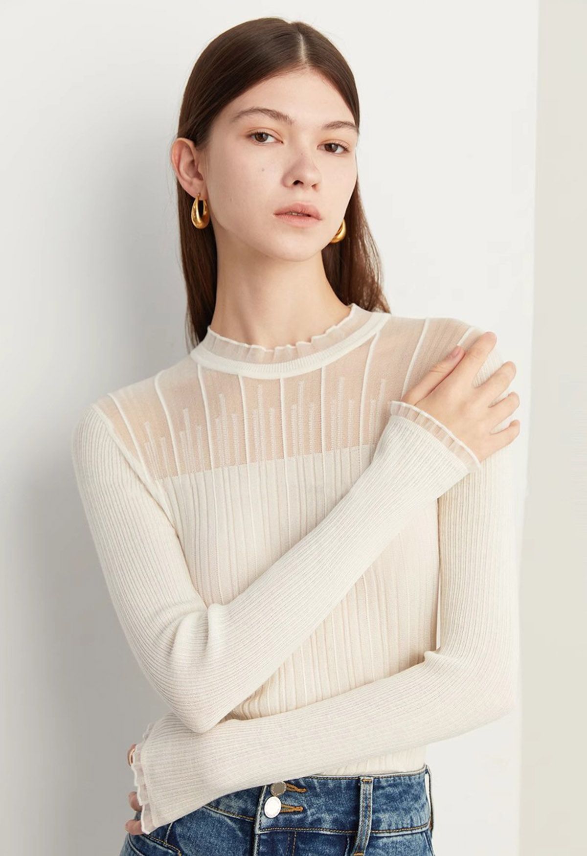 Ruffled Mock Neck Mesh Spliced Long Sleeve Knit Top in Ivory