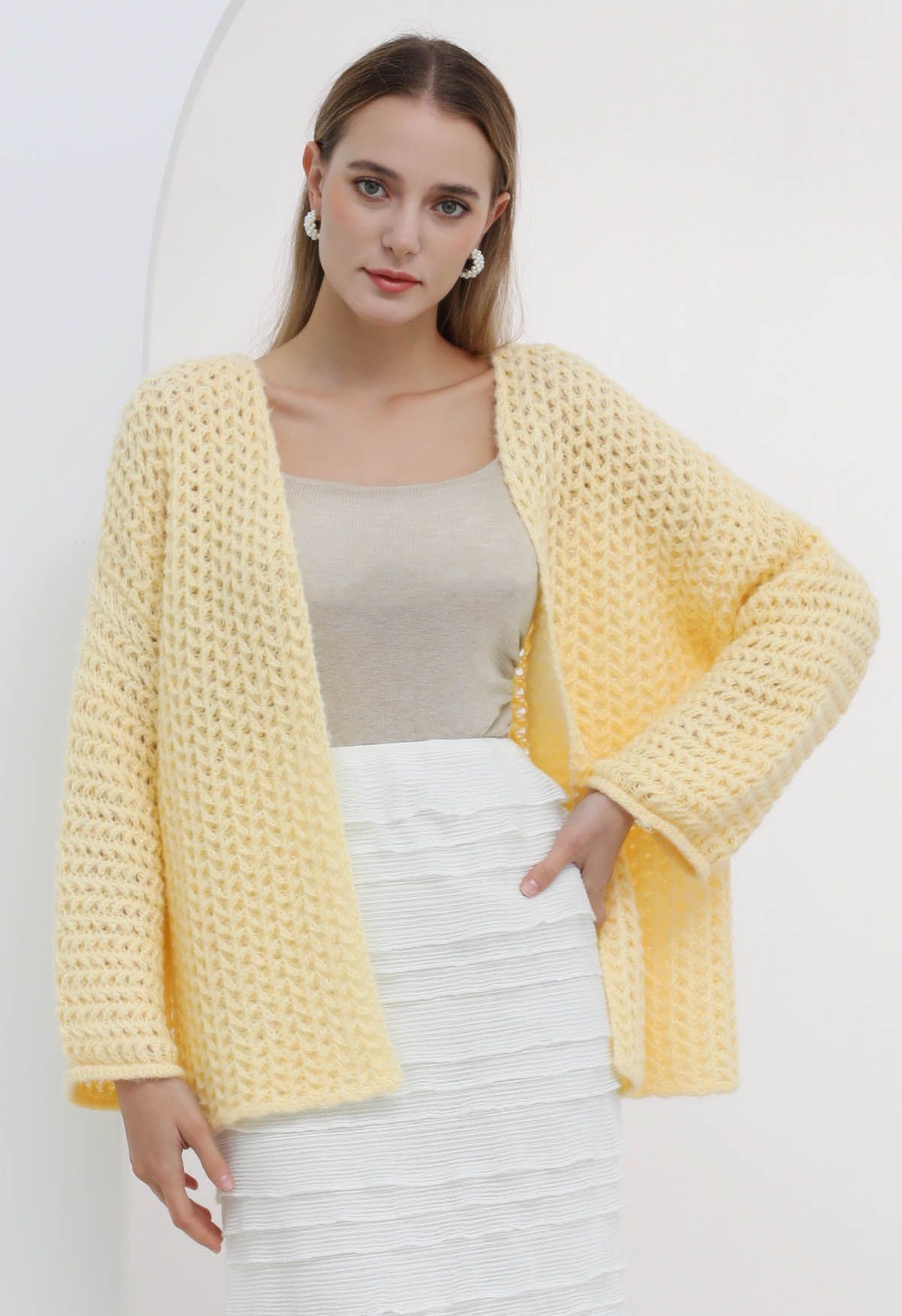 Open Front Hollow Out Knit Cardigan in Light Yellow