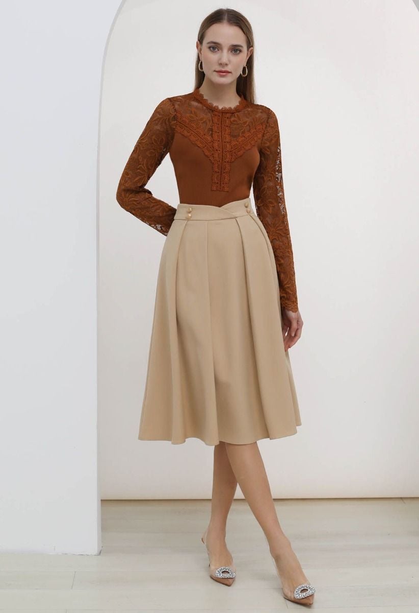 Ethereal Floral Lace Spliced Knit Top in Caramel