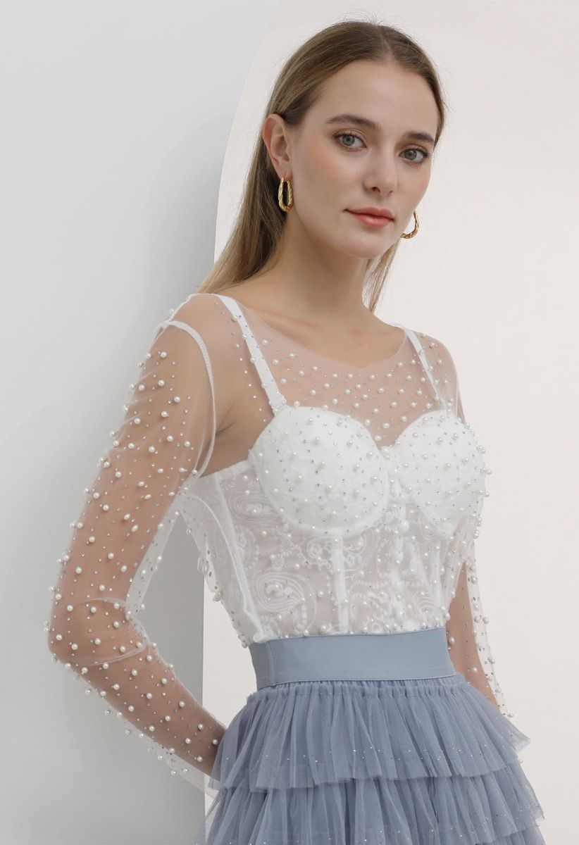 Full Pearl Embellished Sheer Mesh Top in White