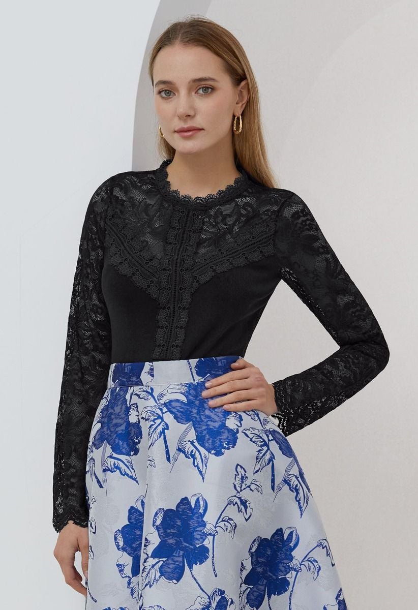 Ethereal Floral Lace Spliced Knit Top in Black