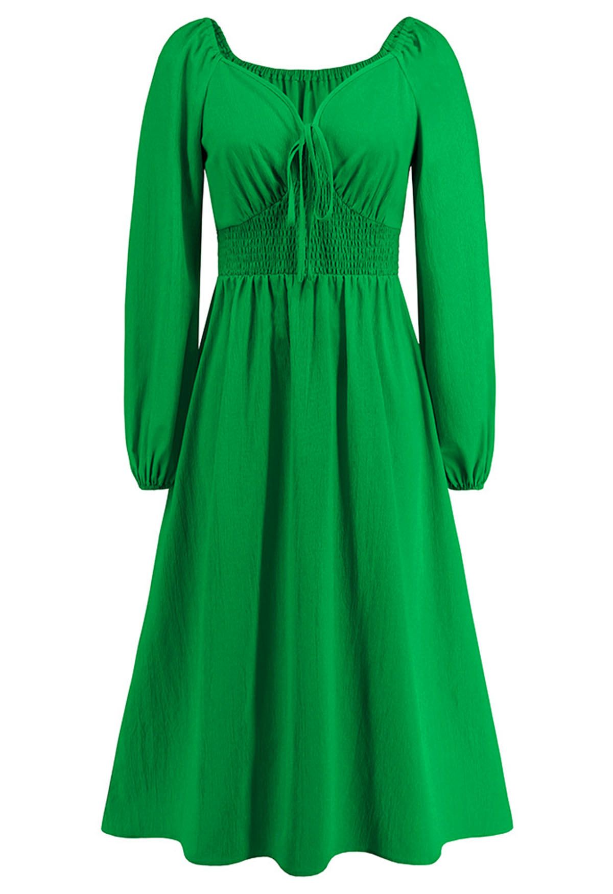 Sweetheart Neck Tie Front Midi Dress in Green