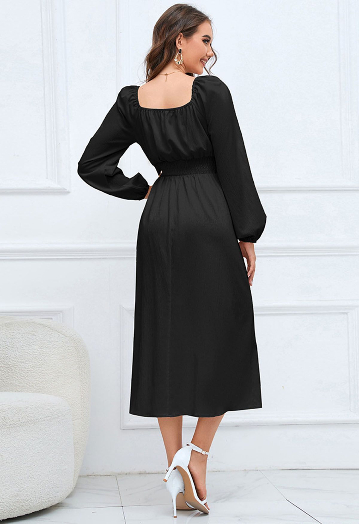 Sweetheart Neck Tie Front Midi Dress in Black