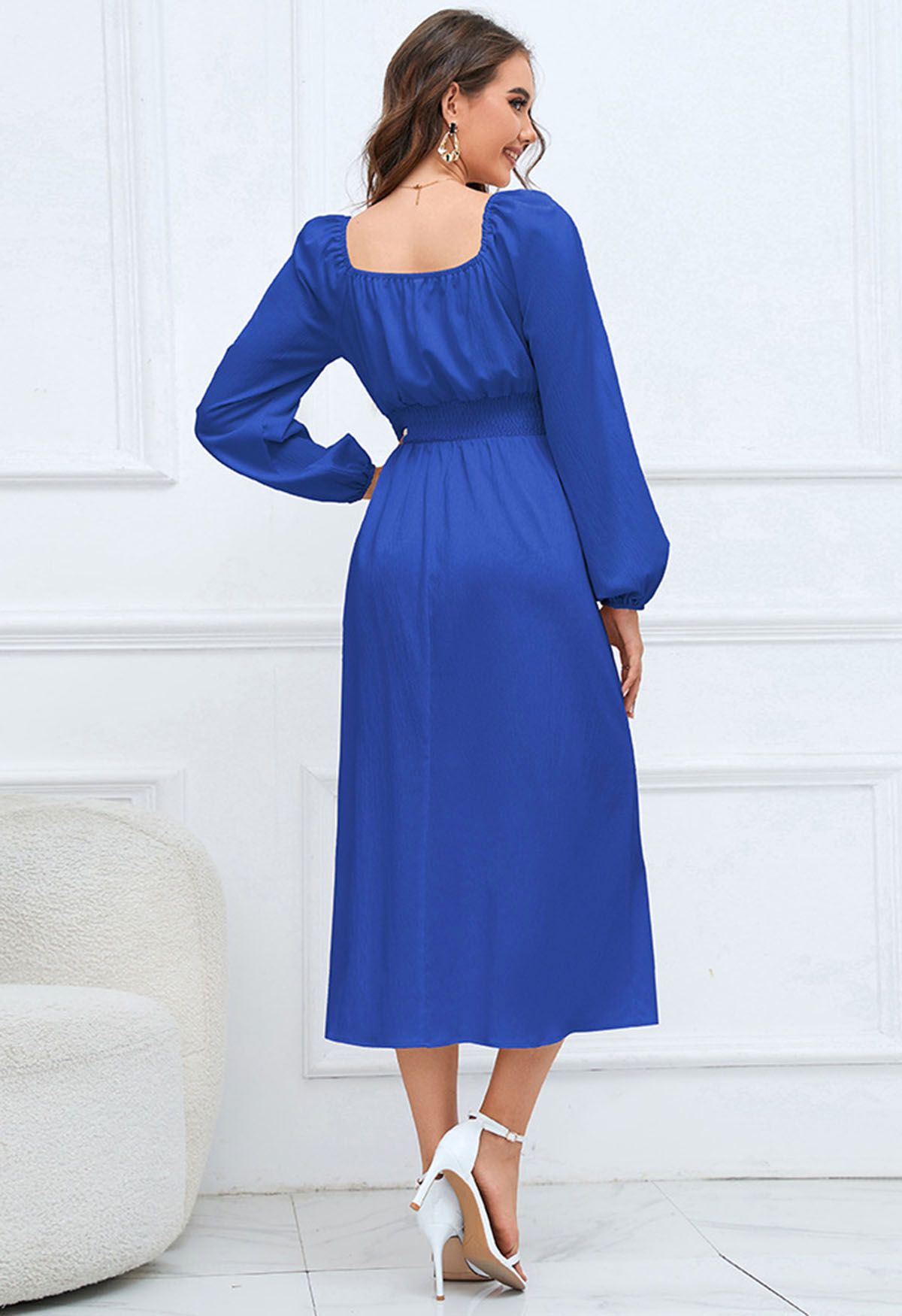 Sweetheart Neck Tie Front Midi Dress in Indigo