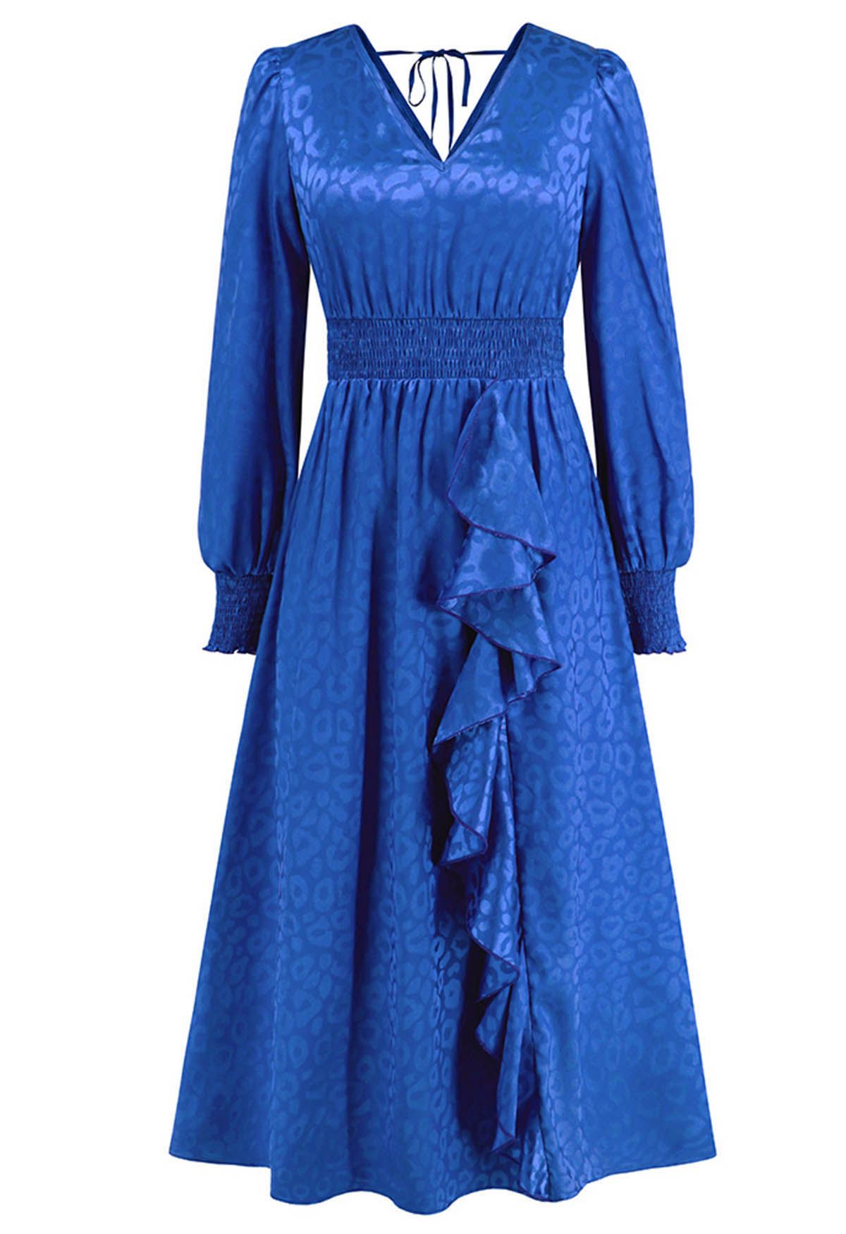 Glossy Leopard Jacquard Ruffle Maxi Dress in Indigo