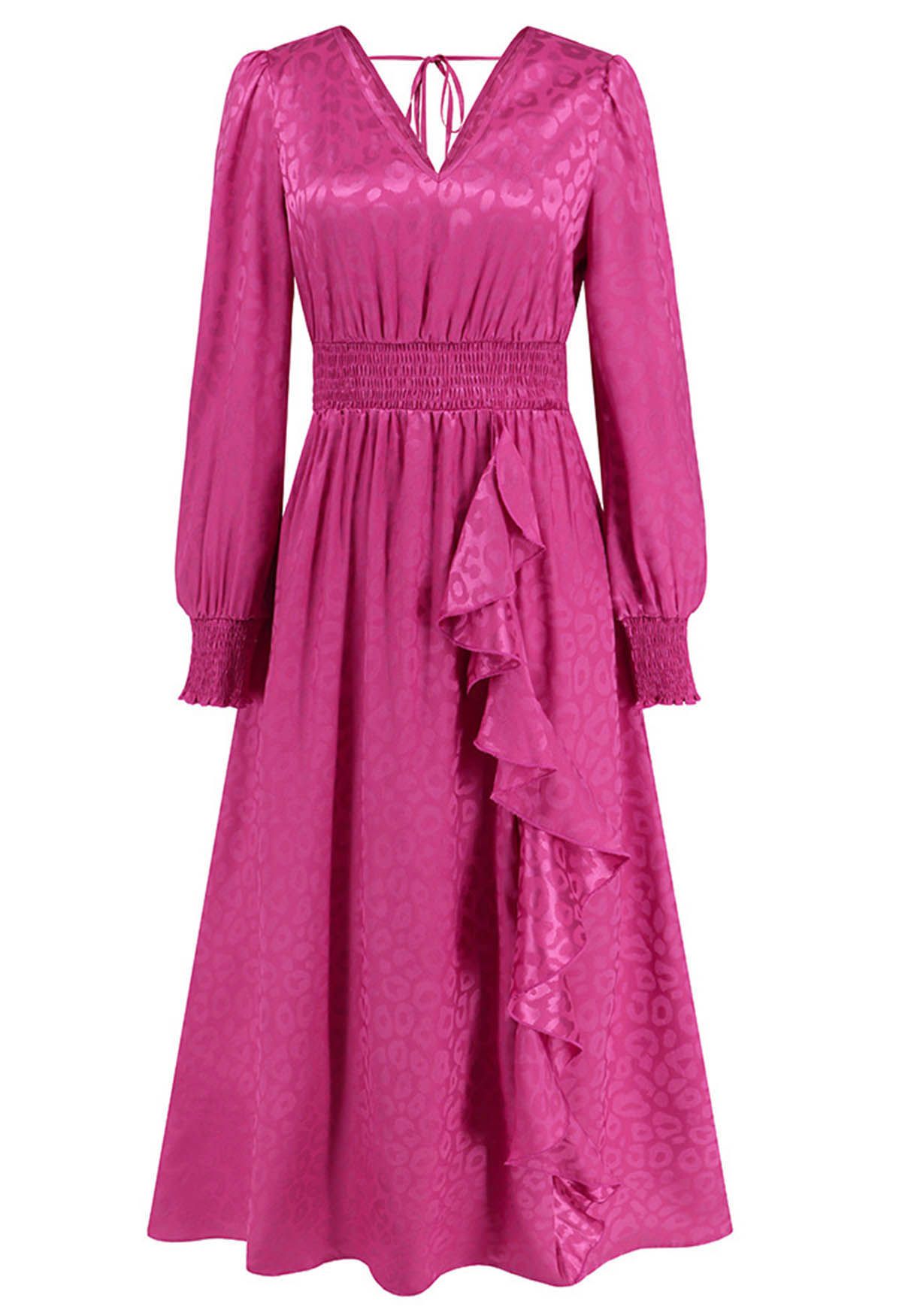 Glossy Leopard Jacquard Ruffle Maxi Dress in Magenta