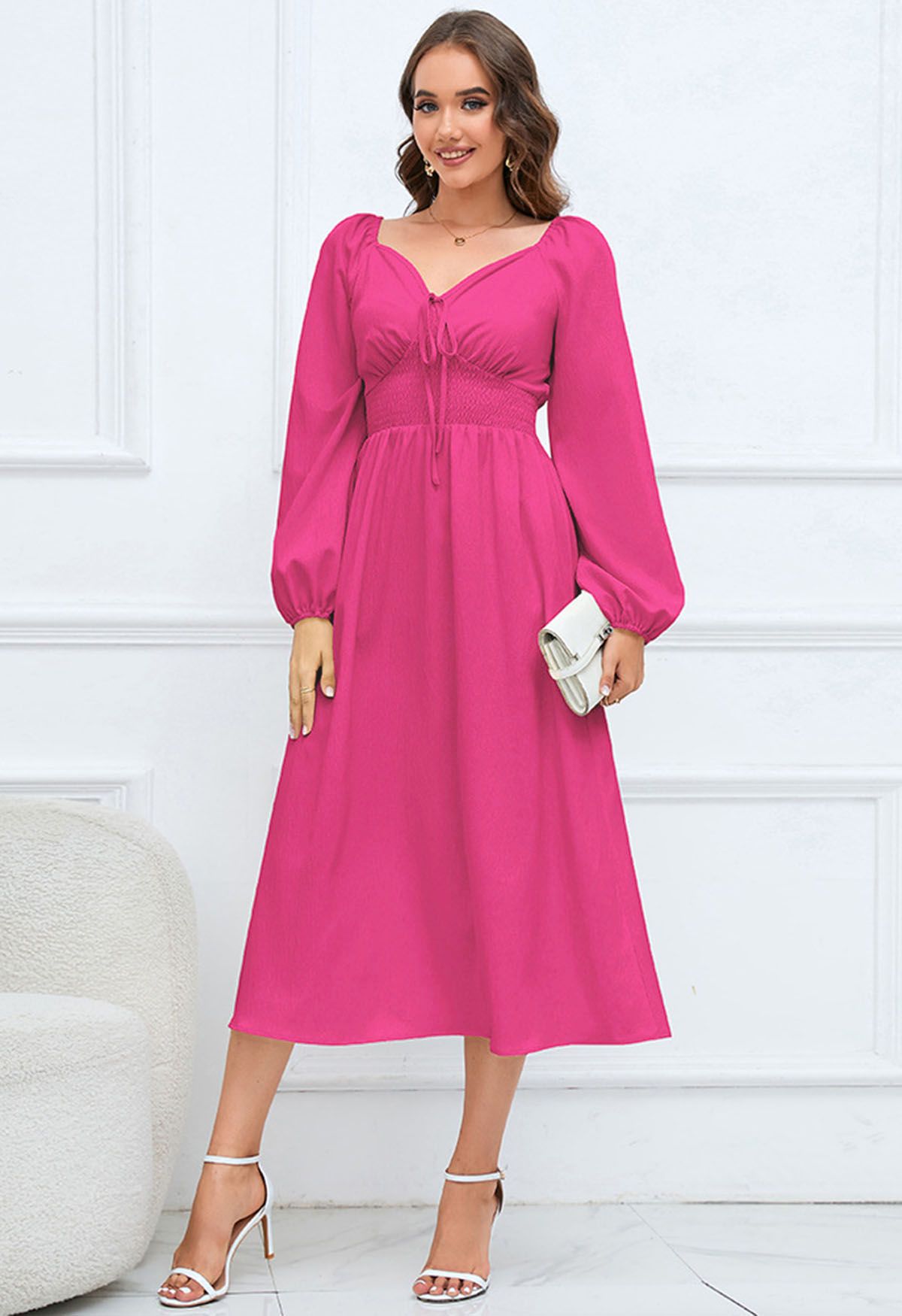 Sweetheart Neck Tie Front Midi Dress in Magenta