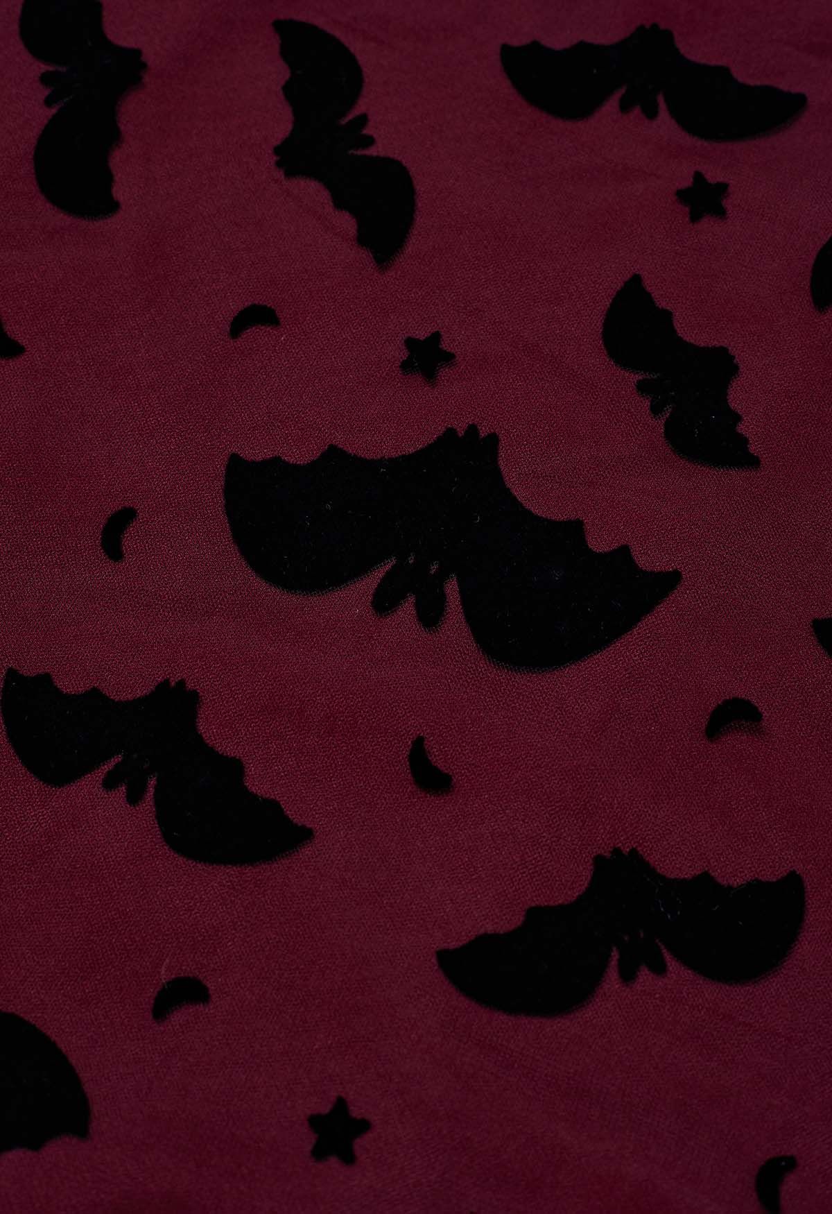 絲絨蝙蝠圖案薄紗中長半身裙-酒紅色