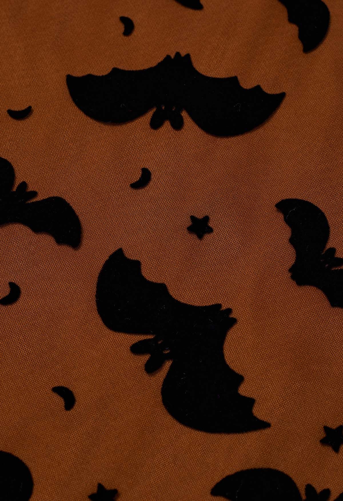 絲絨蝙蝠圖案薄紗中長半身裙-南瓜色