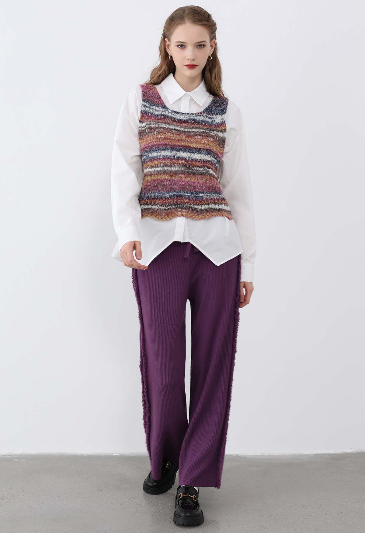Side Tassel Trim Straight-Leg Knit Pants in Purple