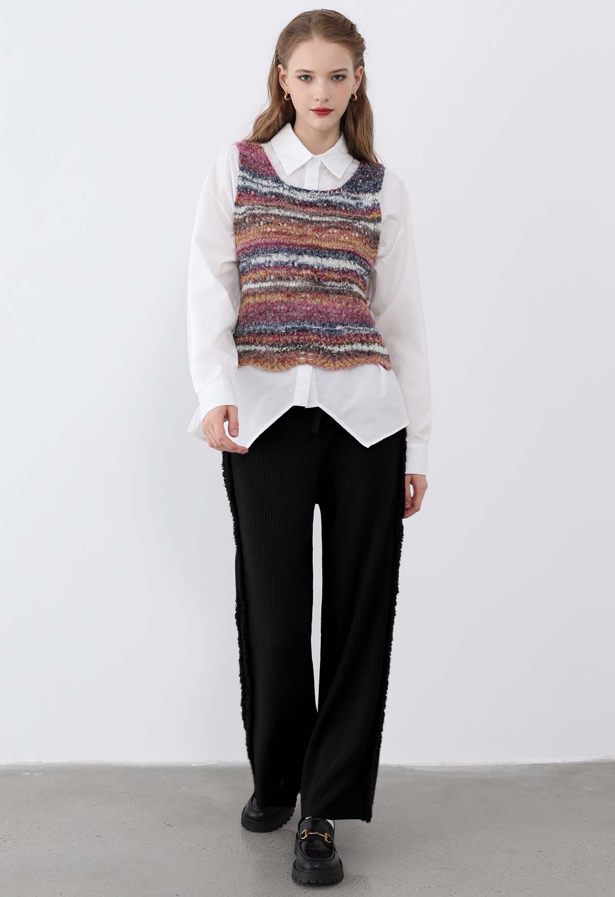 Side Tassel Trim Straight-Leg Knit Pants in Black