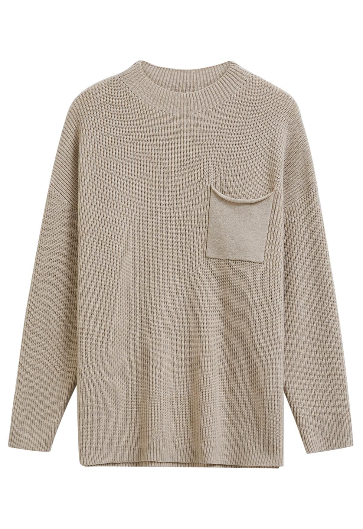 Patch Pocket Ribbed Knit Sweater in Sand