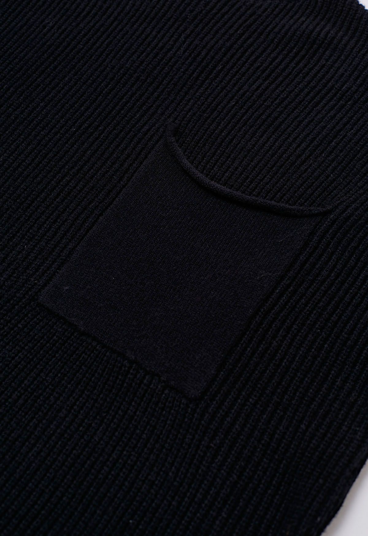 Patch Pocket Ribbed Knit Sweater in Black