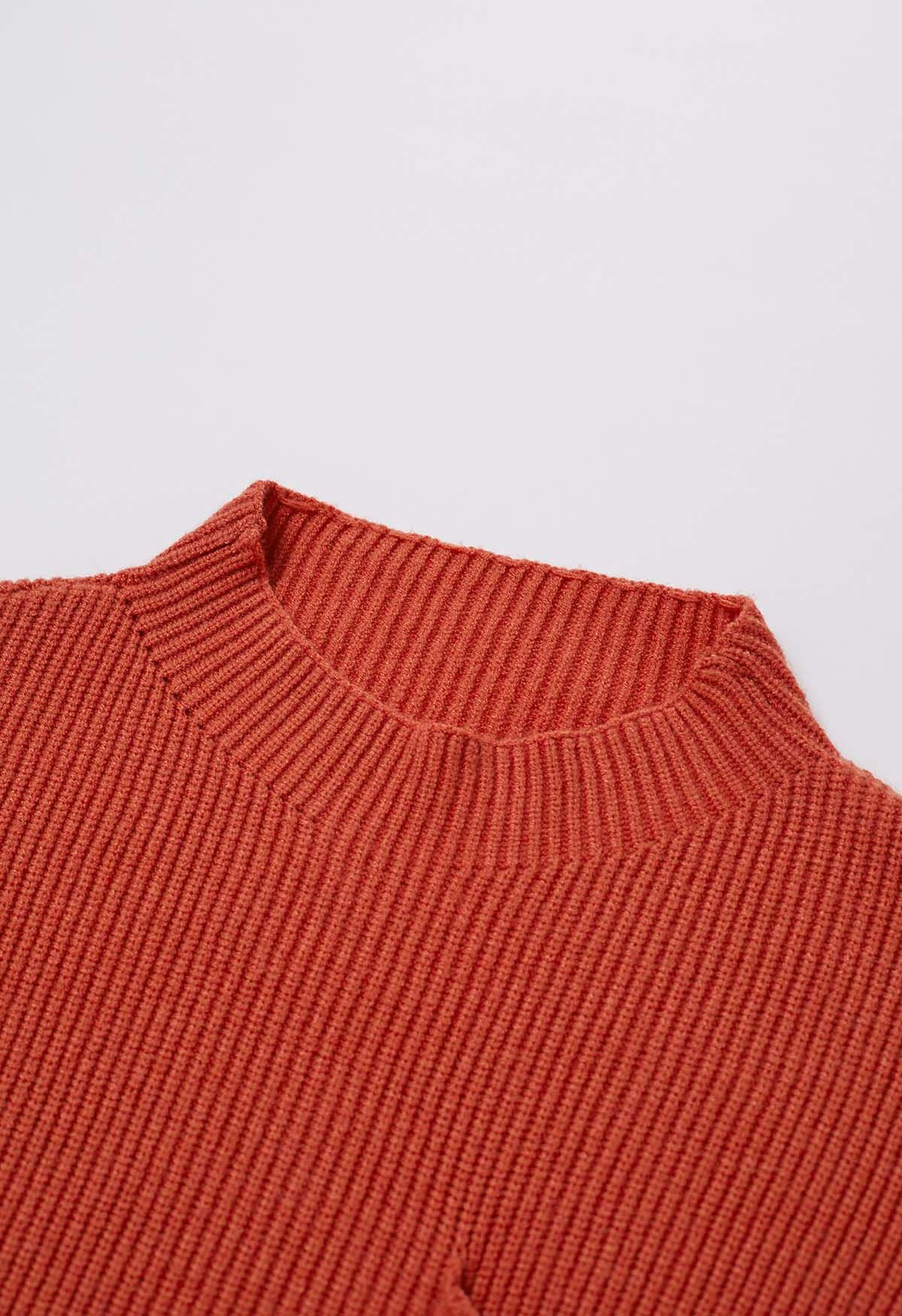 Patch Pocket Ribbed Knit Sweater in Rust Red