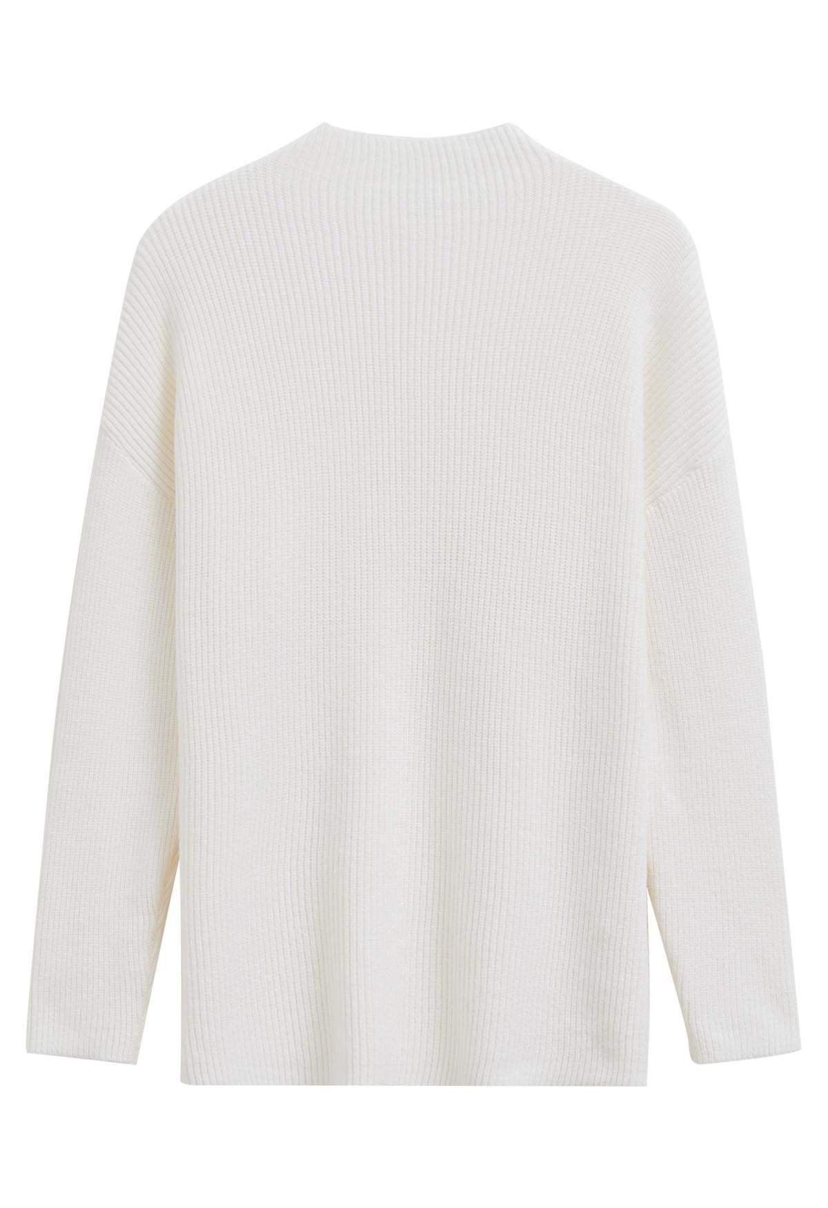 Patch Pocket Ribbed Knit Sweater in White