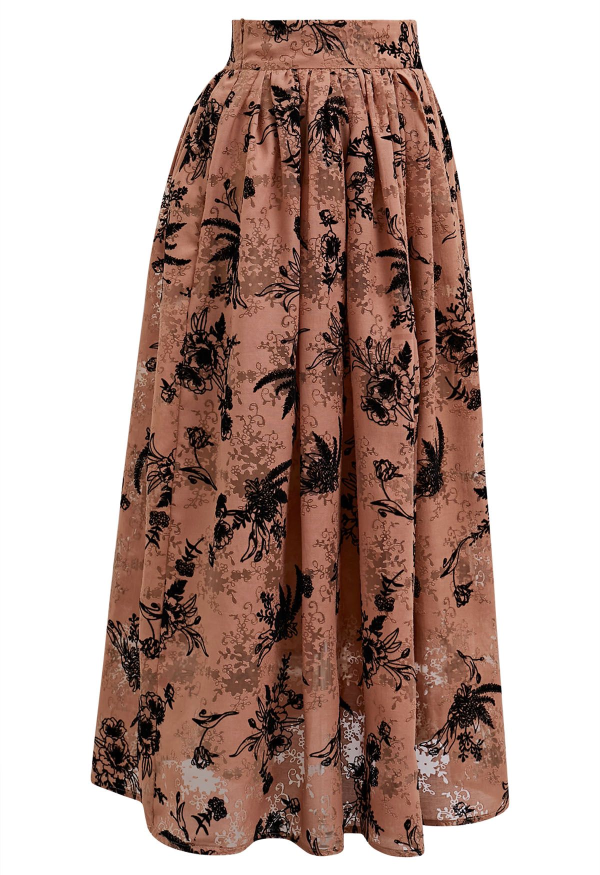 Velvet Flowers Rust Red Jacquard Midi Skirt