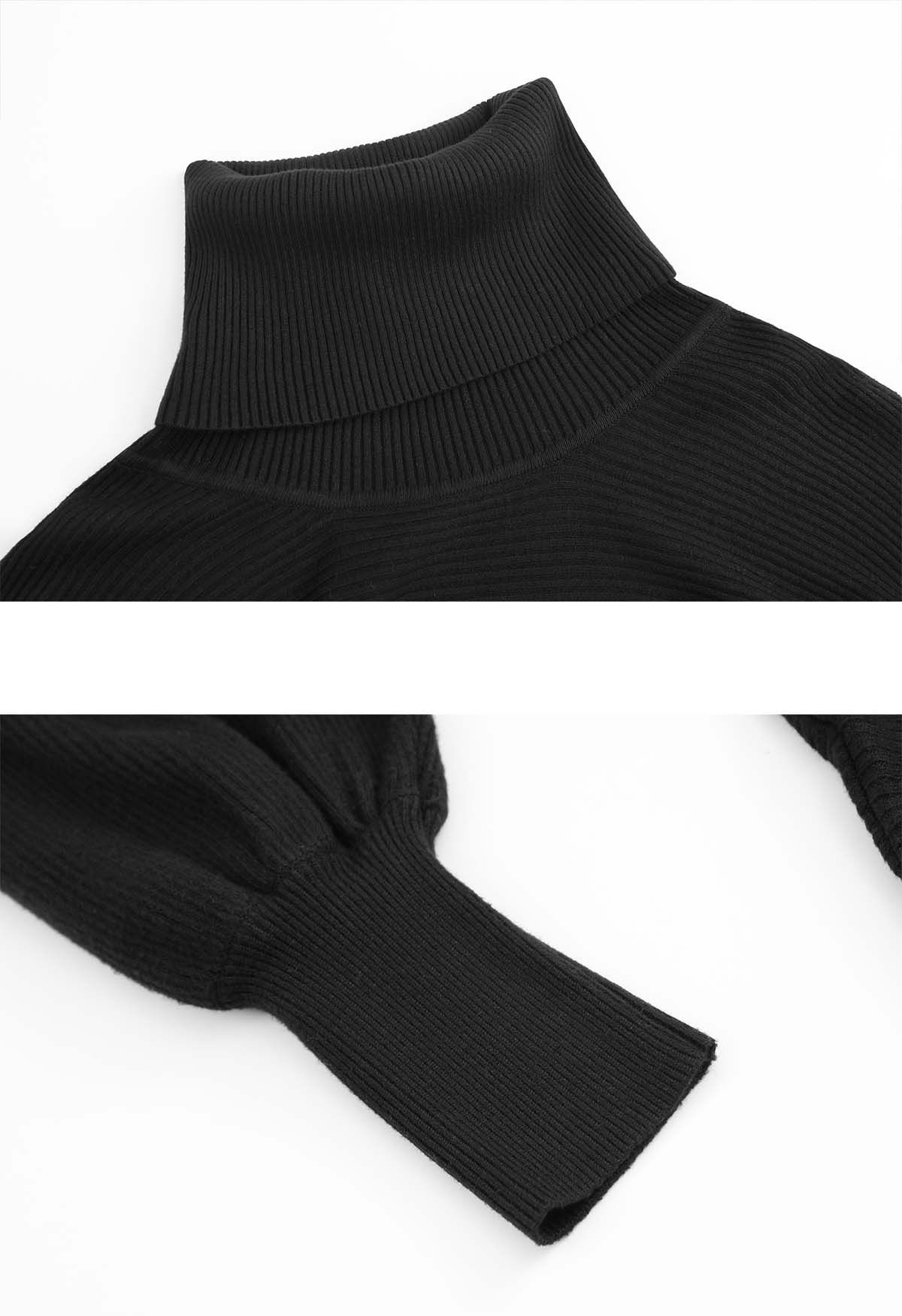 Turtleneck Batwing Sleeves Rib Sweater in Black