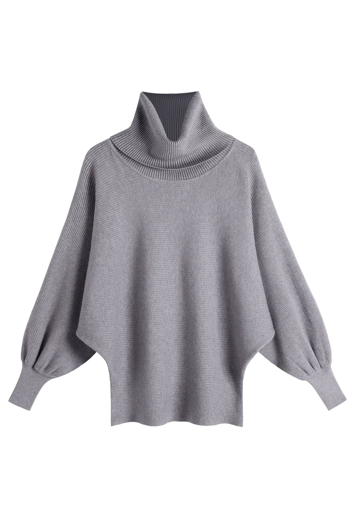 Turtleneck Batwing Sleeves Rib Sweater in Grey