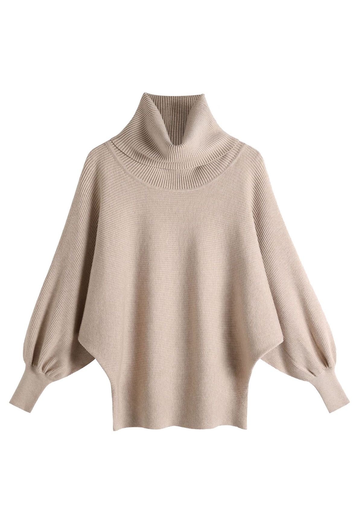 Turtleneck Batwing Sleeves Rib Sweater in Camel