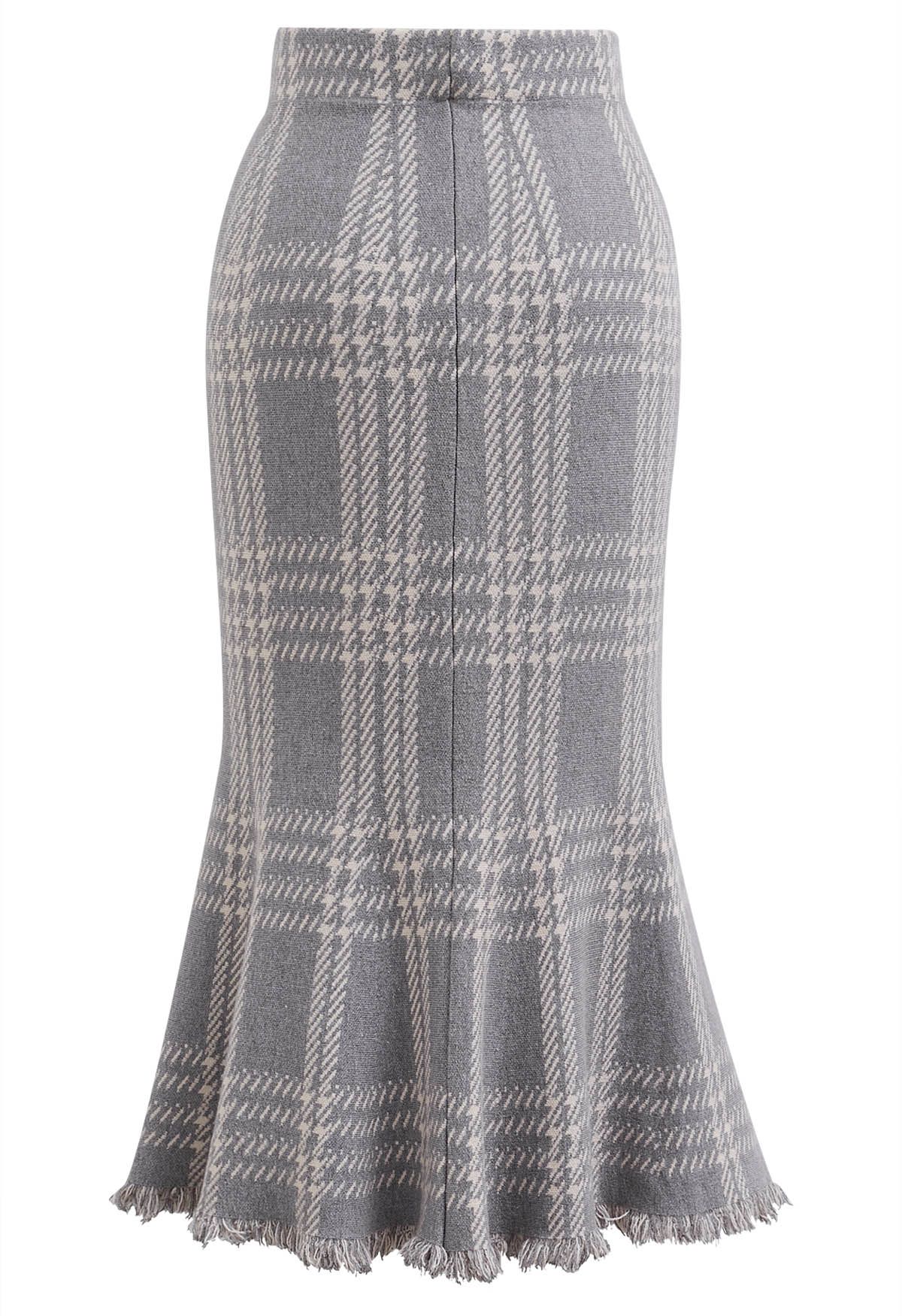 Vintage Plaid Fringed Hemline Knit Skirt in Grey