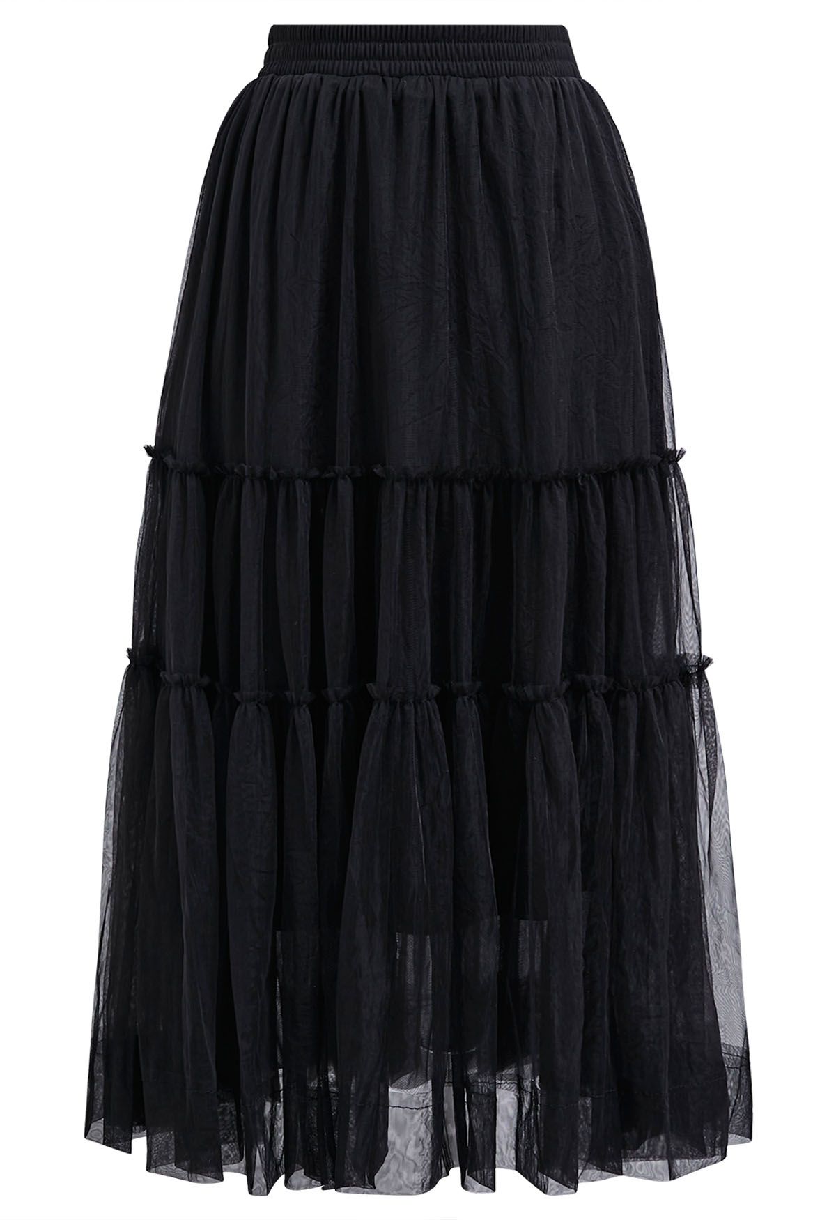 Ruffles Adorned Mesh Tulle Midi Skirt in Black