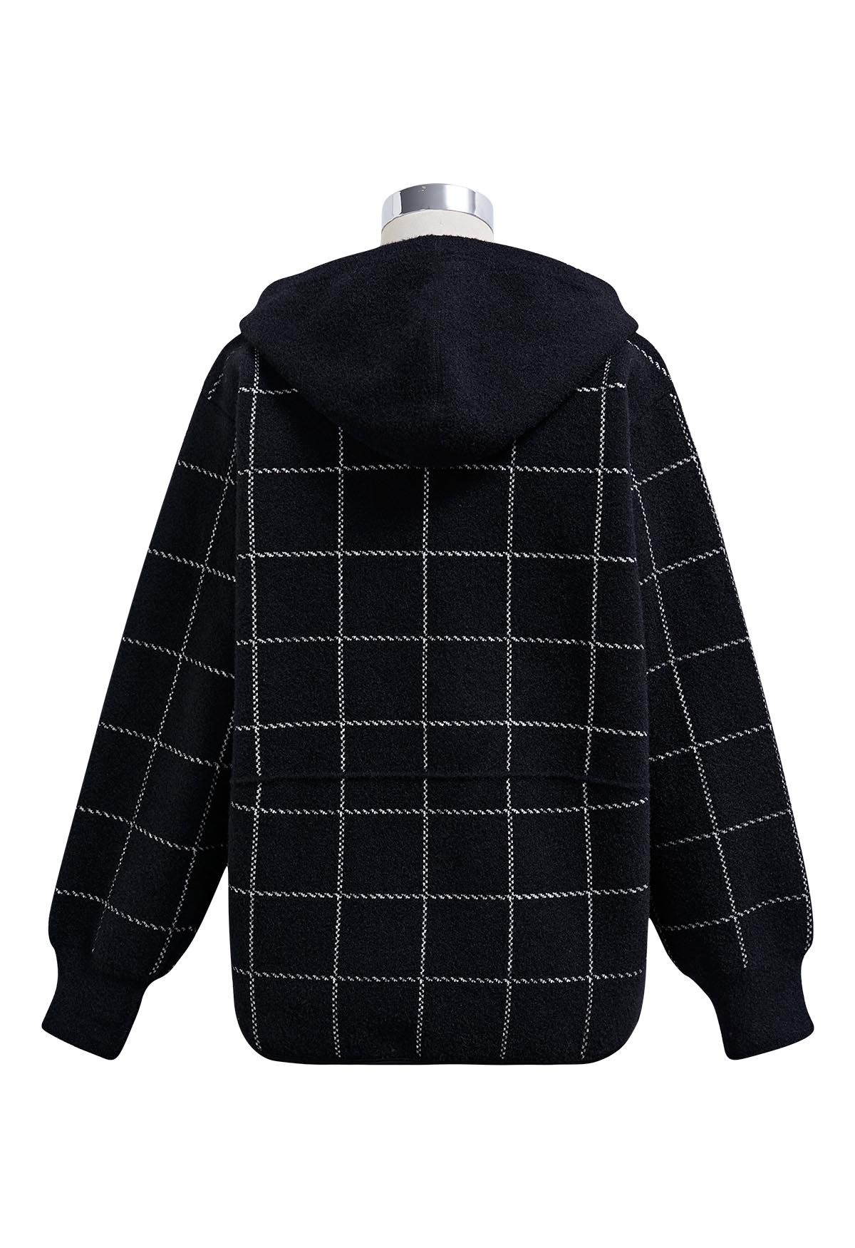 Versatile Grid Fake Two-Piece Hooded Coat in Black