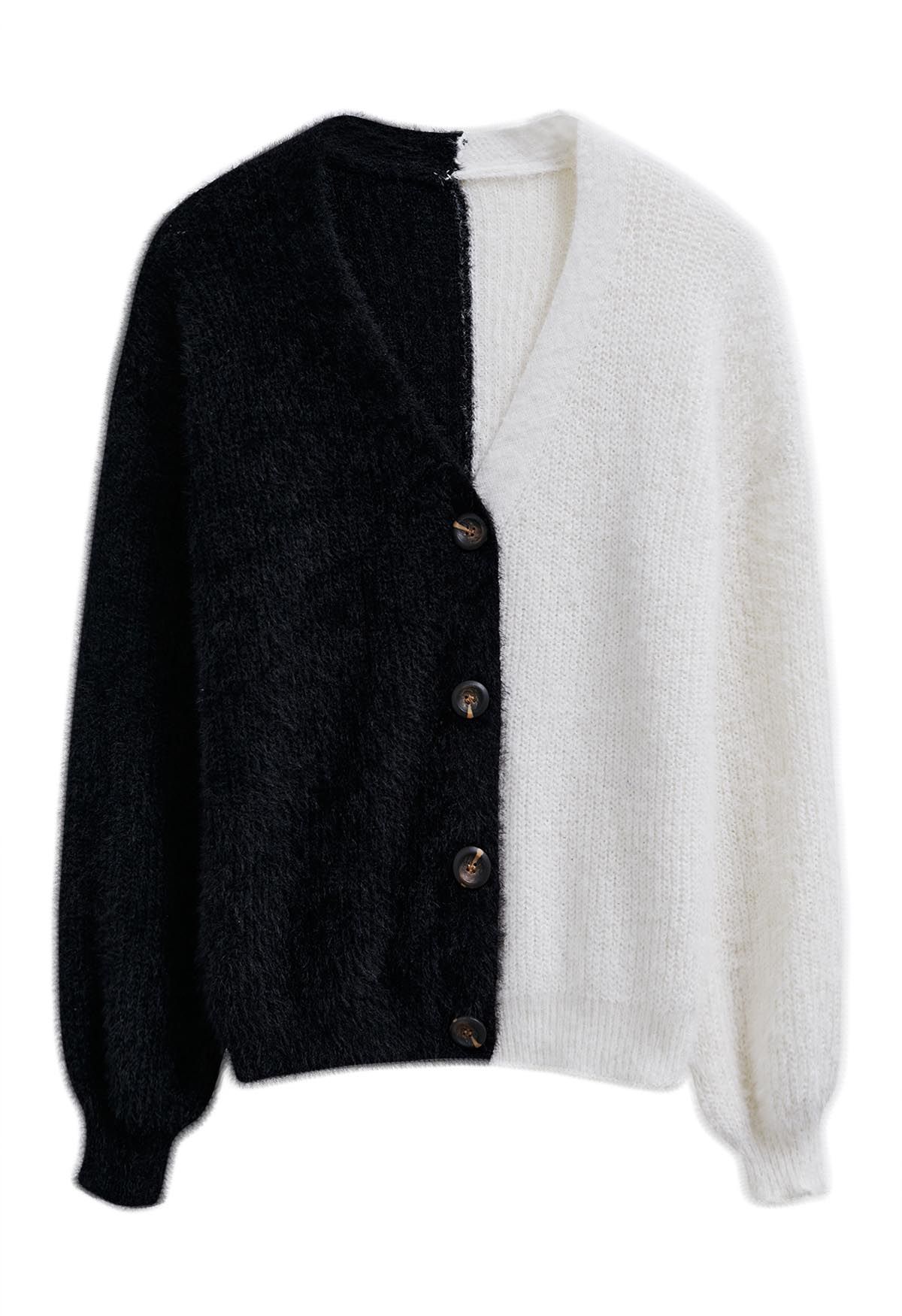 Bicolor Fuzzy Knit Button Up Cardigan in Black