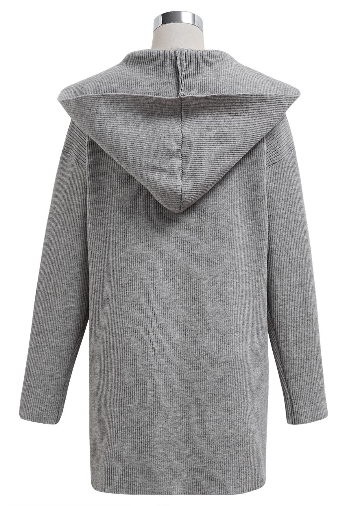 Patch Pockets Open Front Hooded Cardigan in Grey