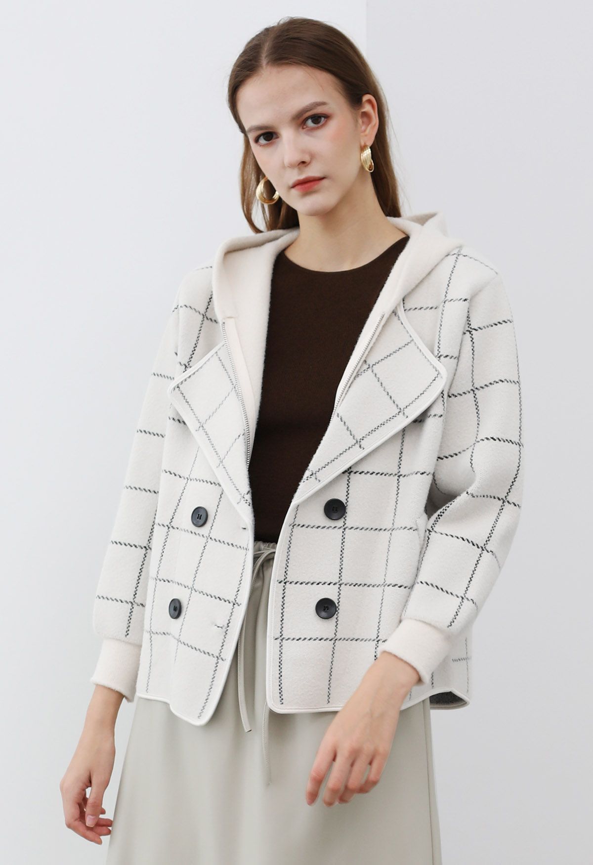 Versatile Grid Fake Two-Piece Hooded Coat in Ivory