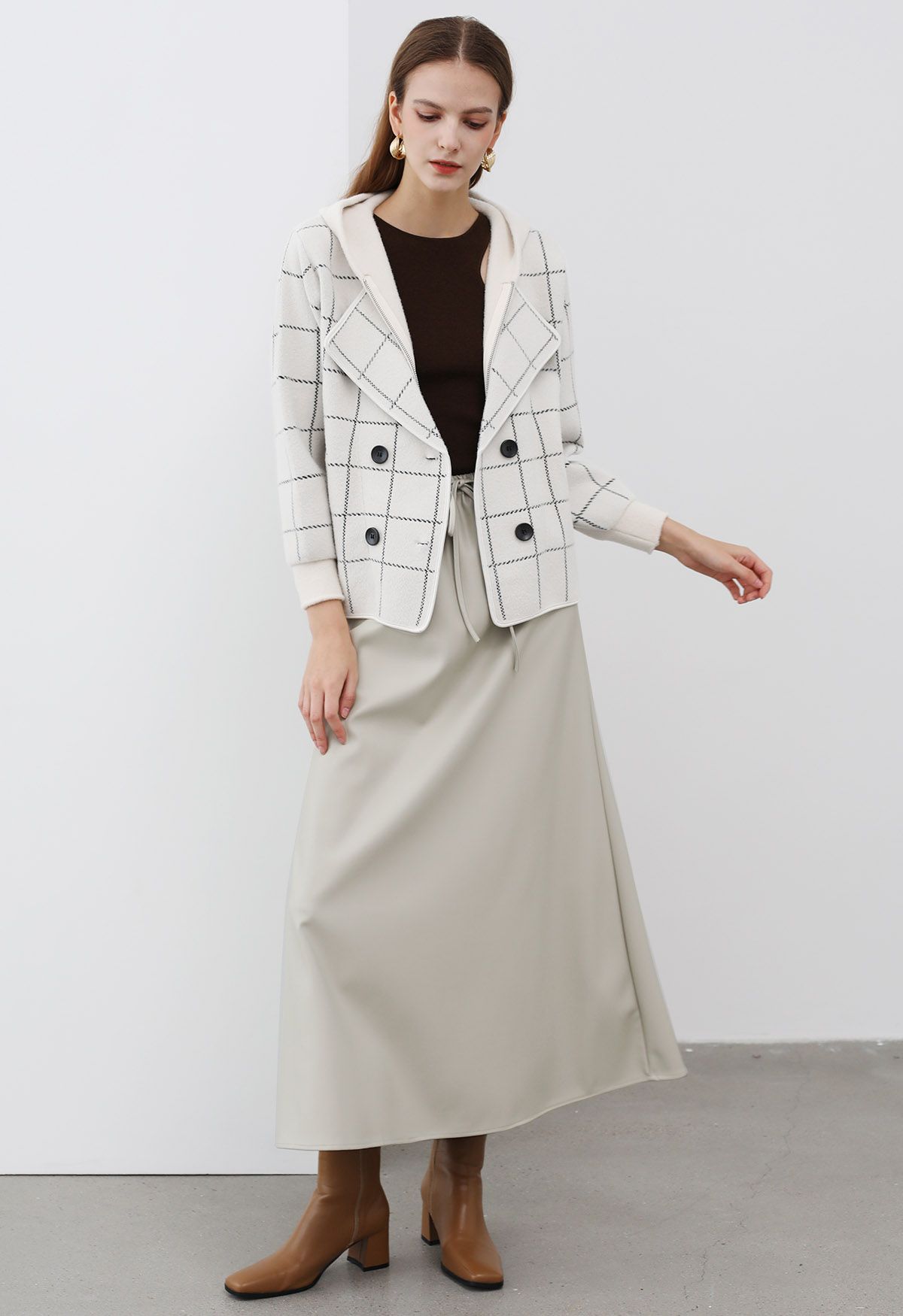 Versatile Grid Fake Two-Piece Hooded Coat in Ivory