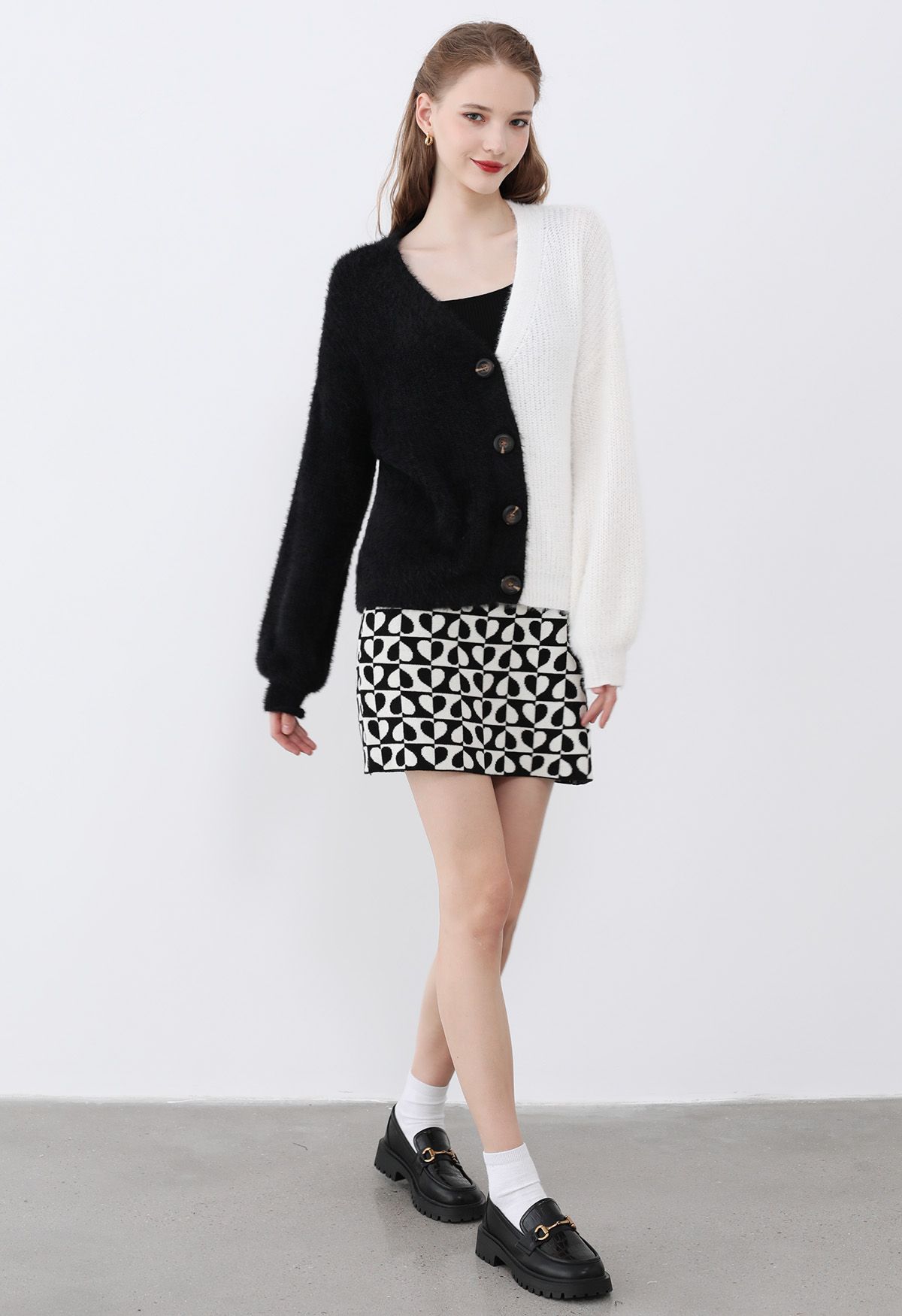 Bicolor Fuzzy Knit Button Up Cardigan in Black