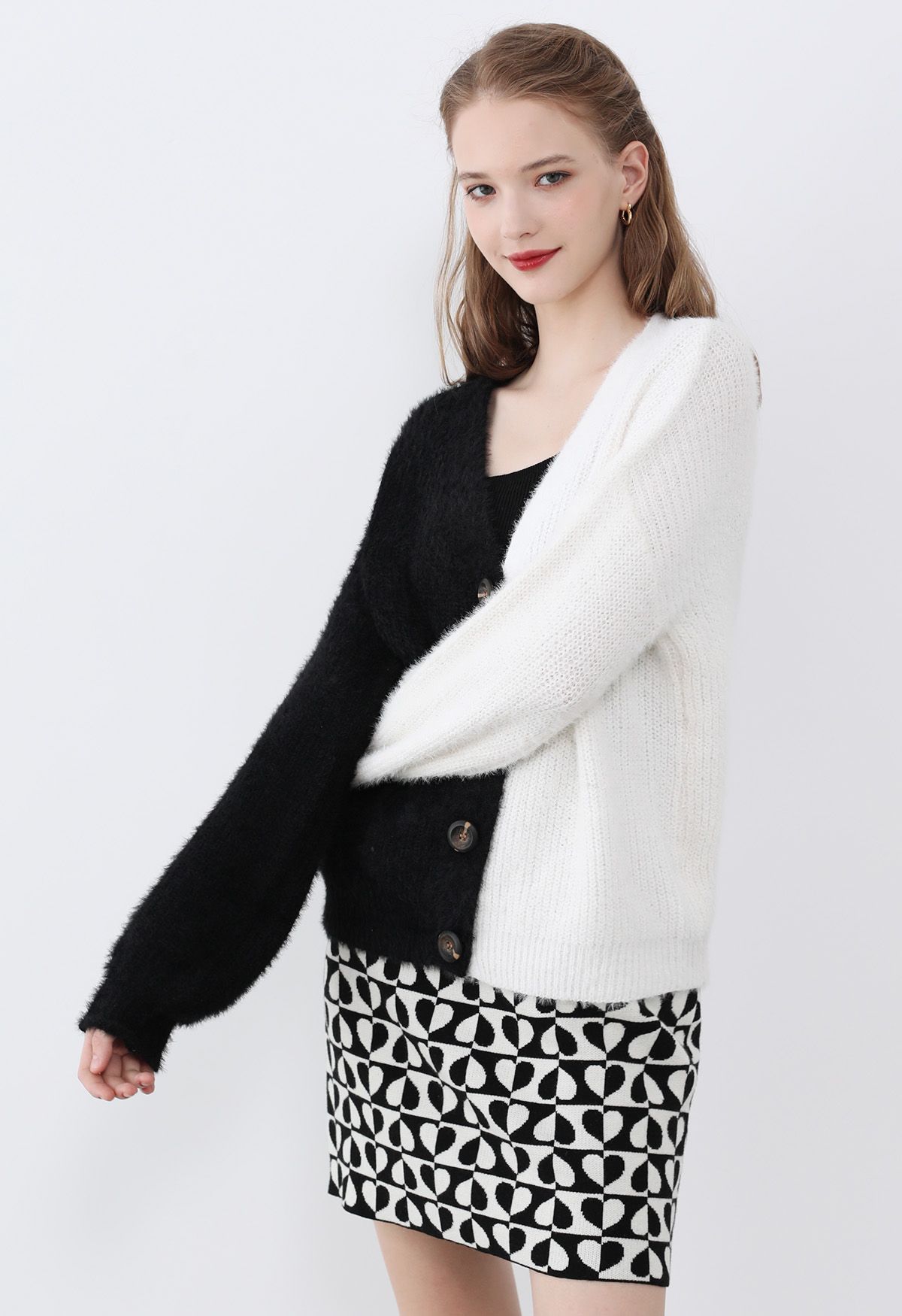 Bicolor Fuzzy Knit Button Up Cardigan in Black