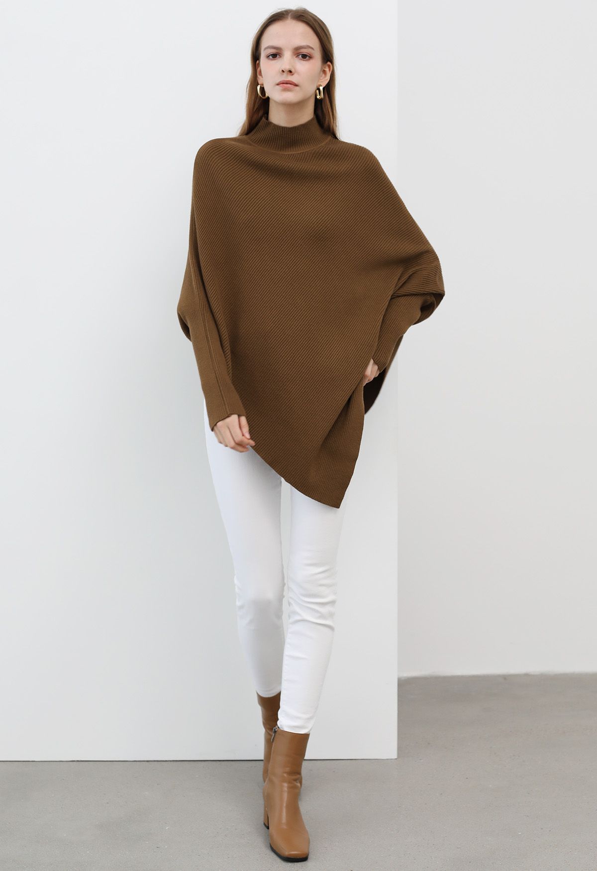 Asymmetric Batwing Sleeve Ribbed Knit Poncho in Caramel