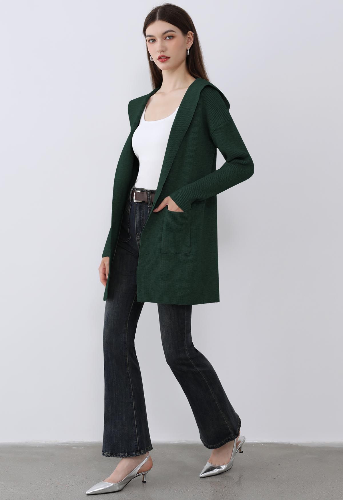 Patch Pockets Open Front Hooded Cardigan in Dark Green