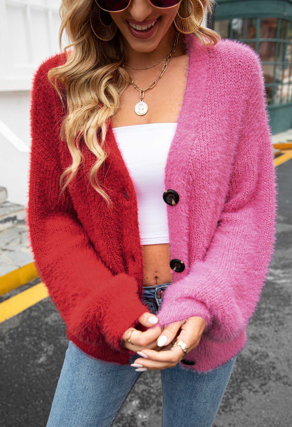 Bicolor Fuzzy Knit Button Up Cardigan in Red