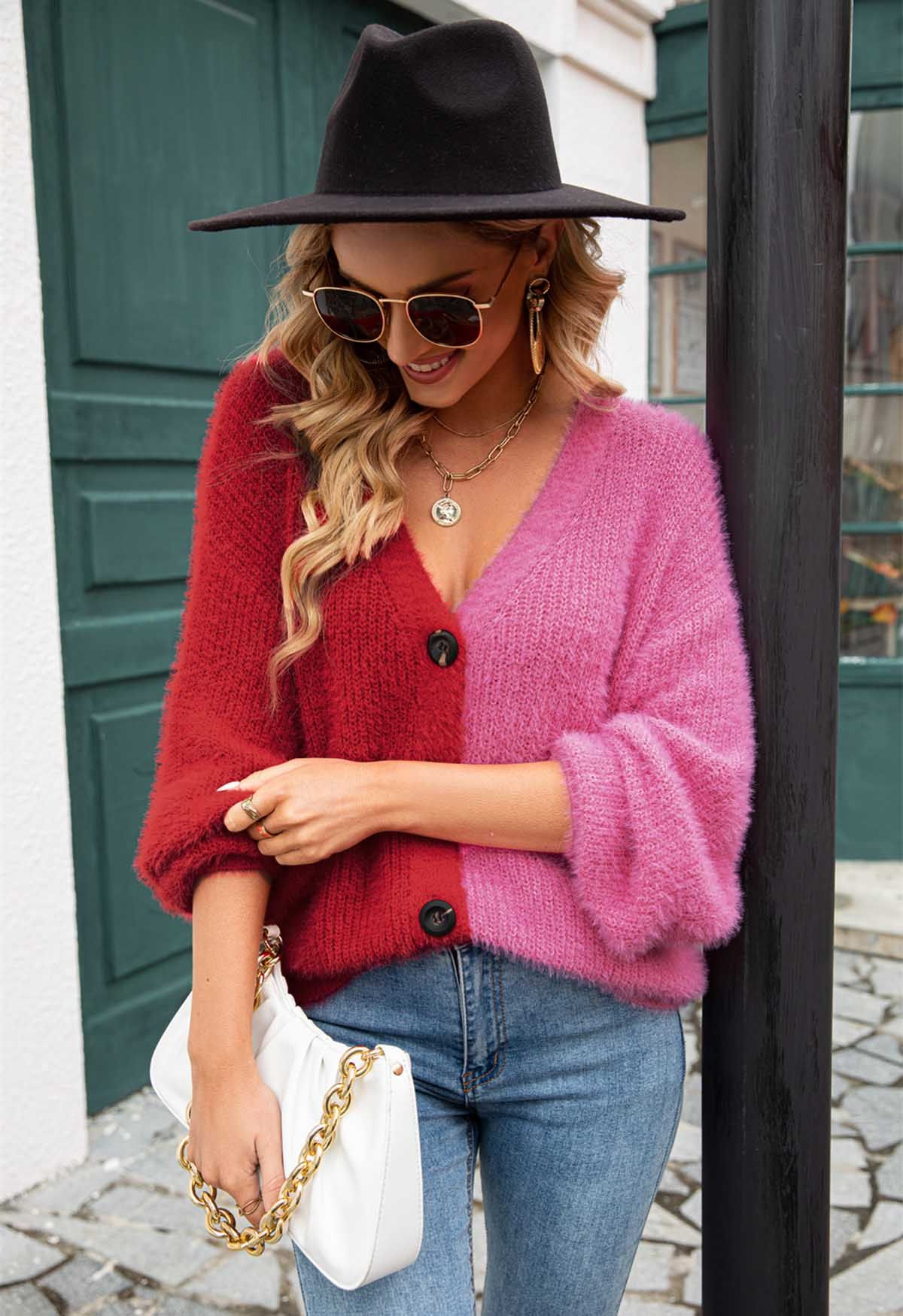 Bicolor Fuzzy Knit Button Up Cardigan in Red