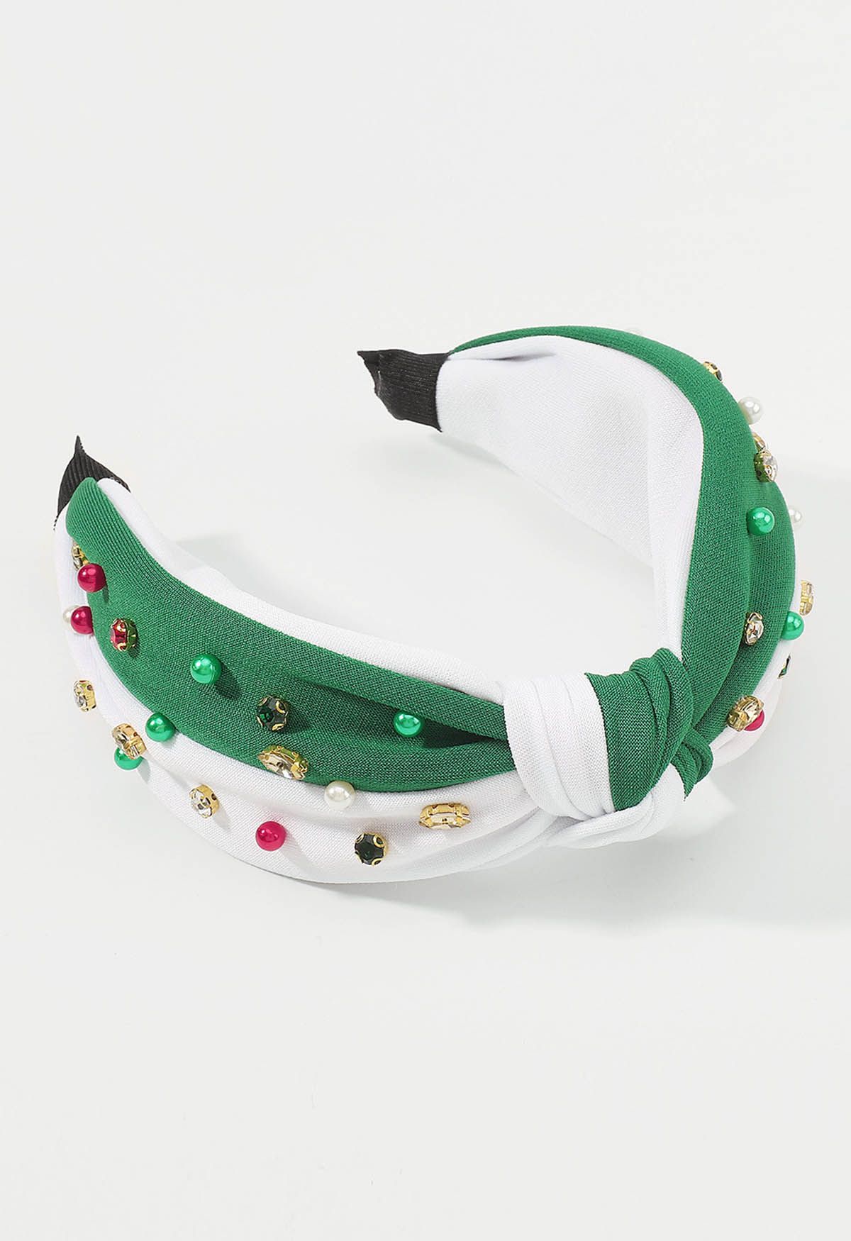 Knotted Rhinestone Beaded Headband in Green
