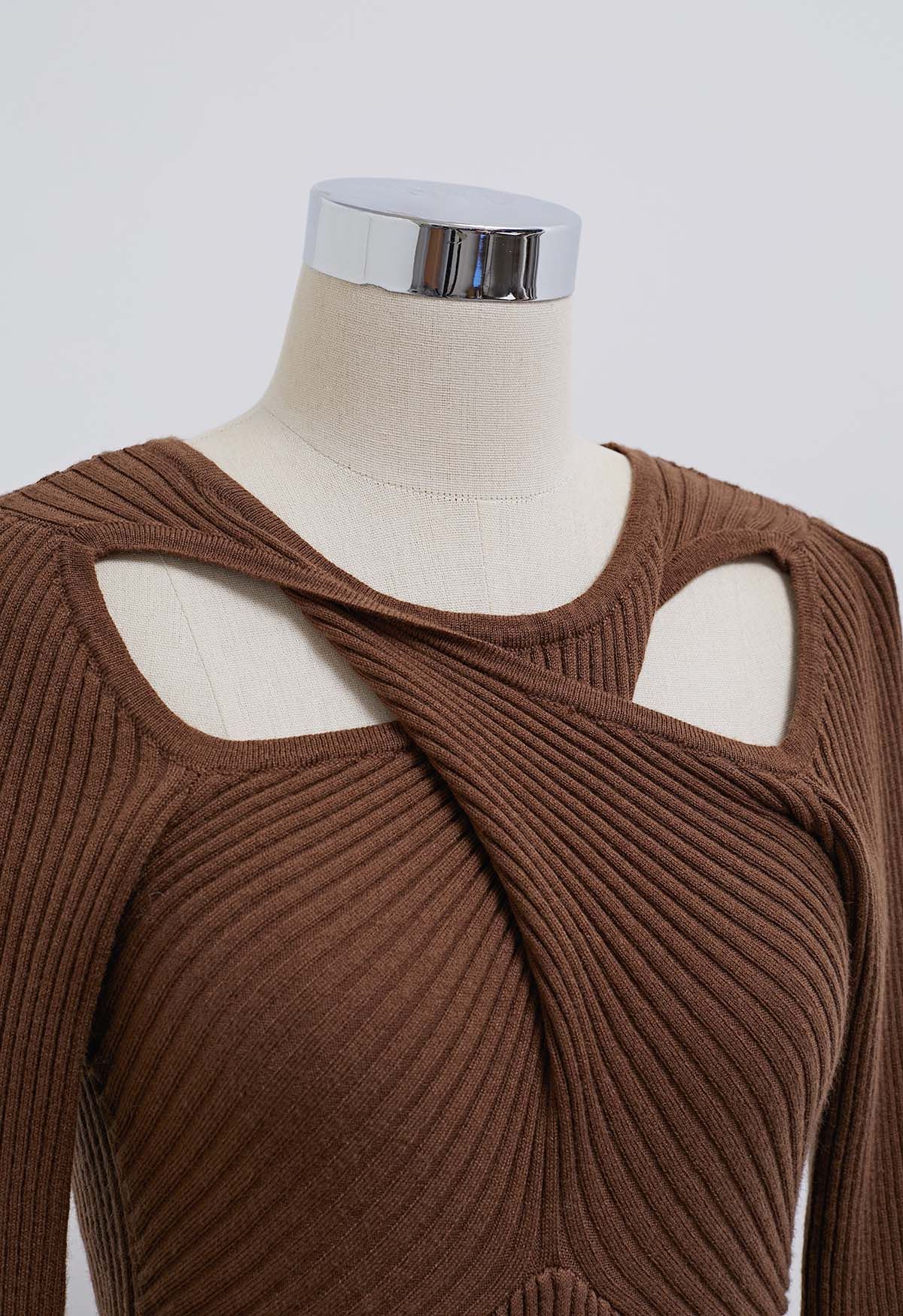 Twist Cutout Neck Ribbed Knit Top in Brown