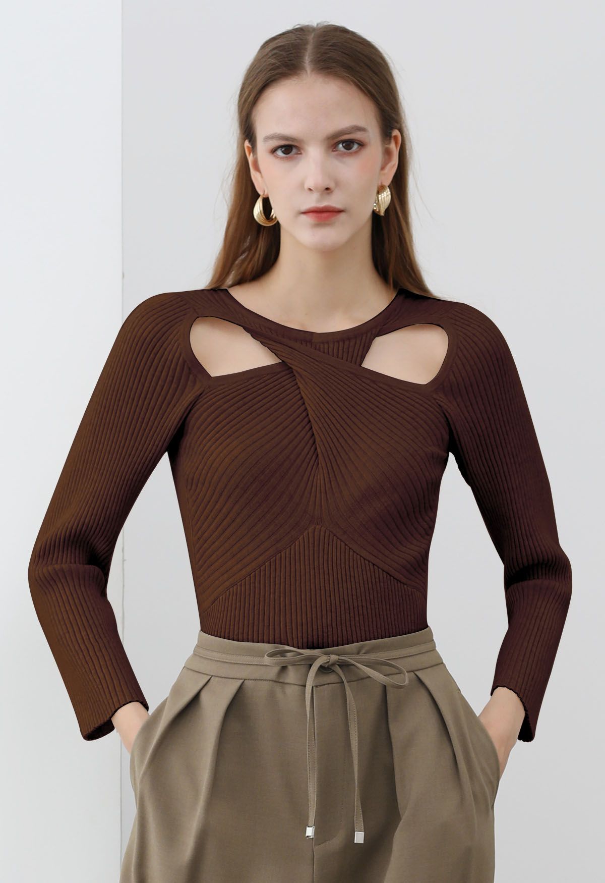 Twist Cutout Neck Ribbed Knit Top in Brown