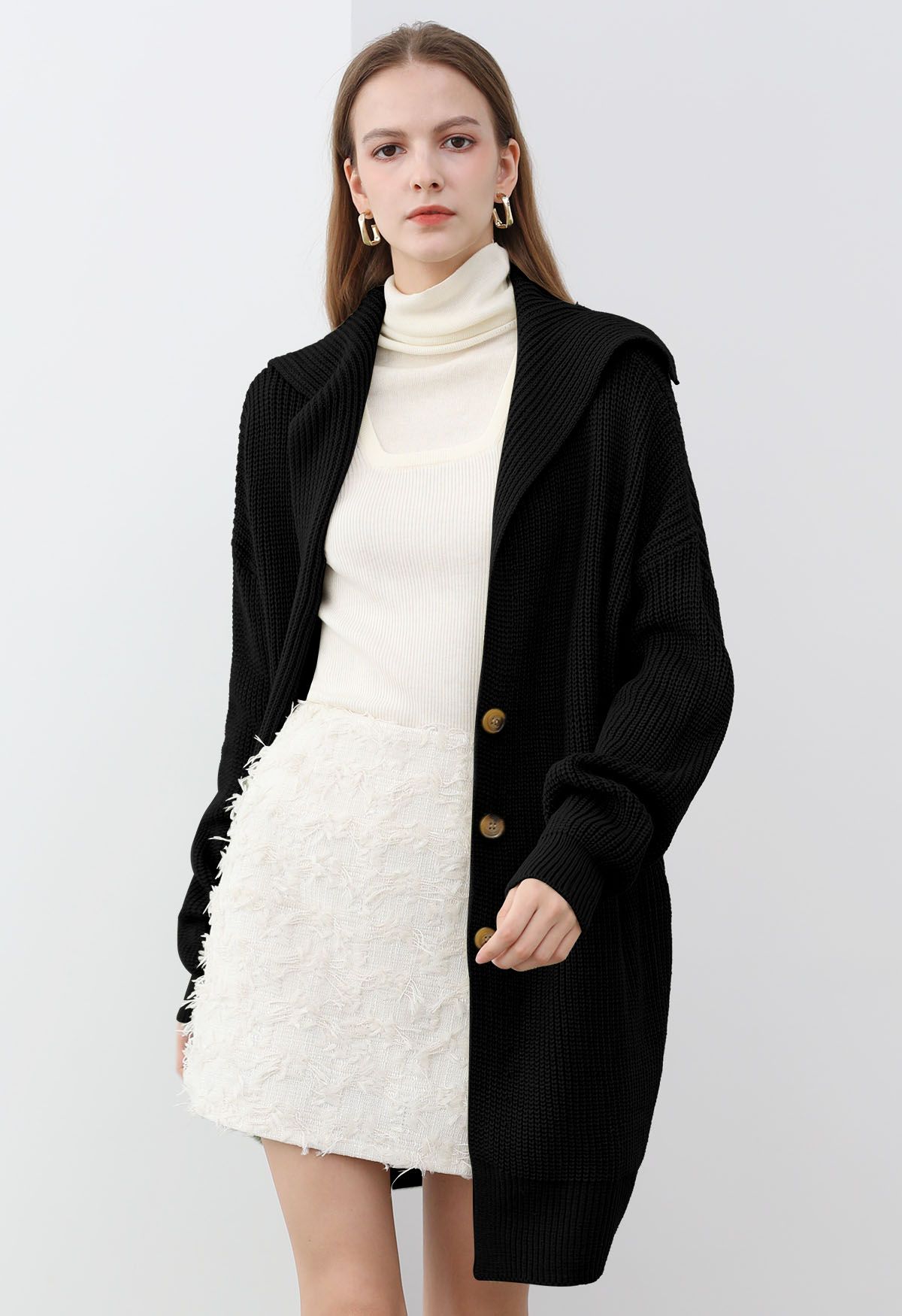 Flap Collar Button Down Longline Knit Cardigan in Black