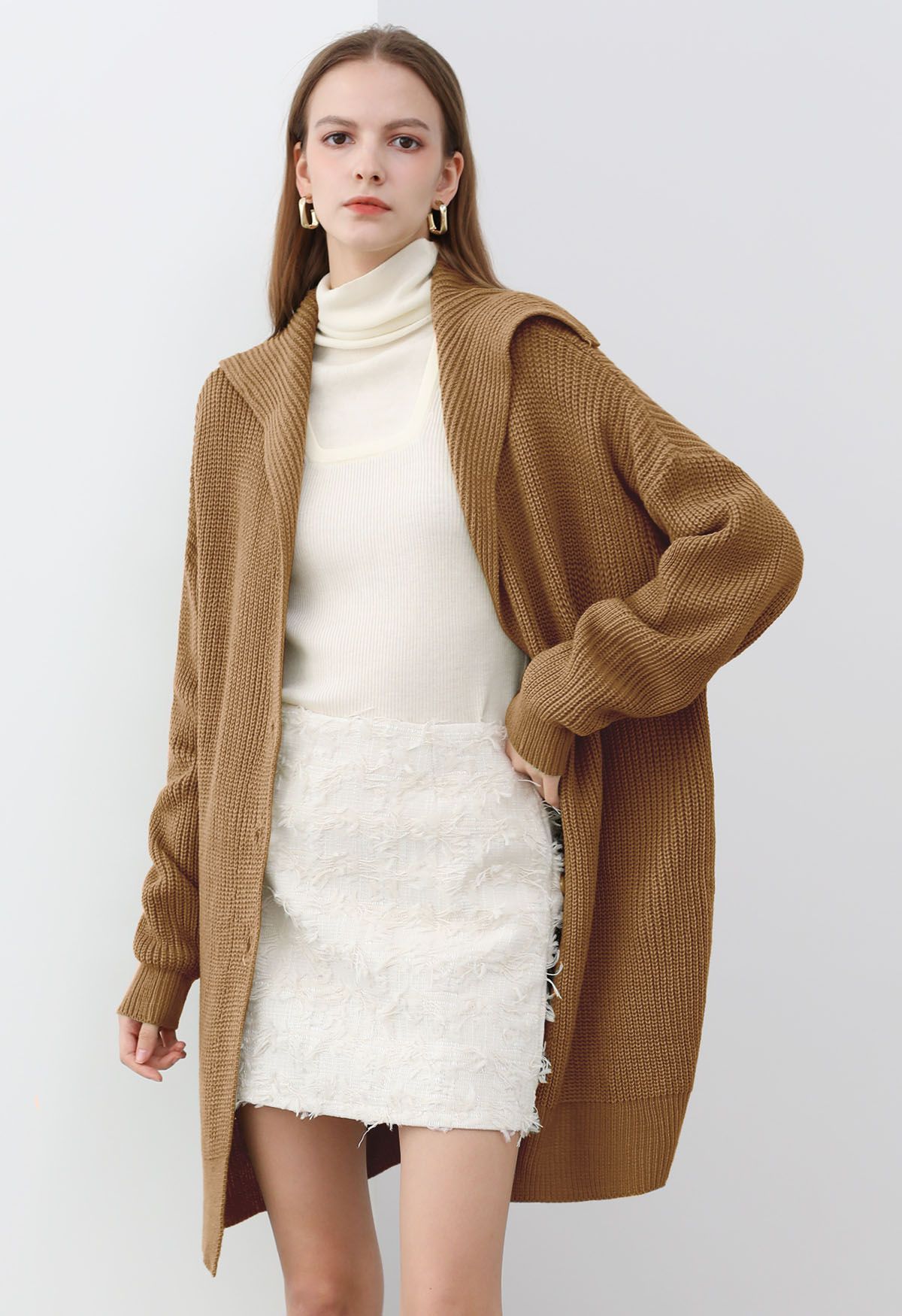 Flap Collar Button Down Longline Knit Cardigan in Tan