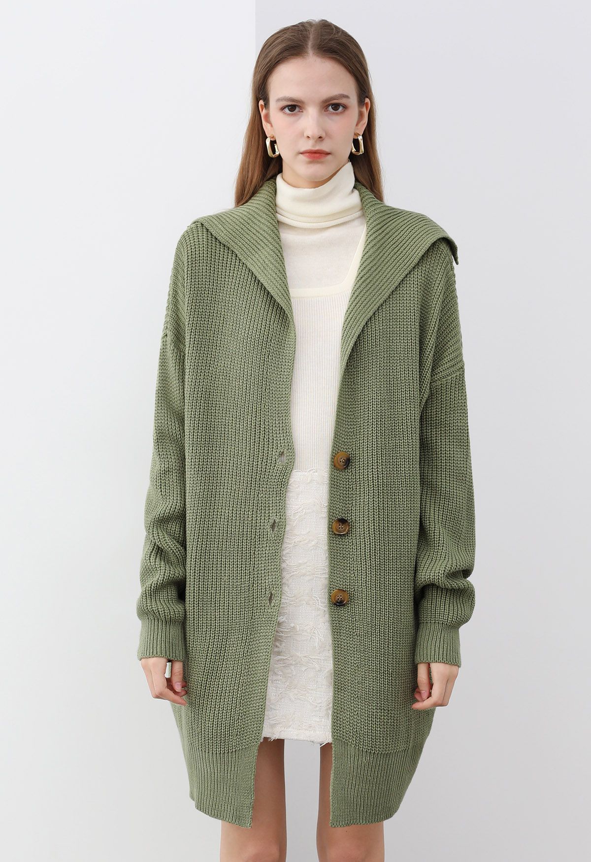 Flap Collar Button Down Longline Knit Cardigan in Green