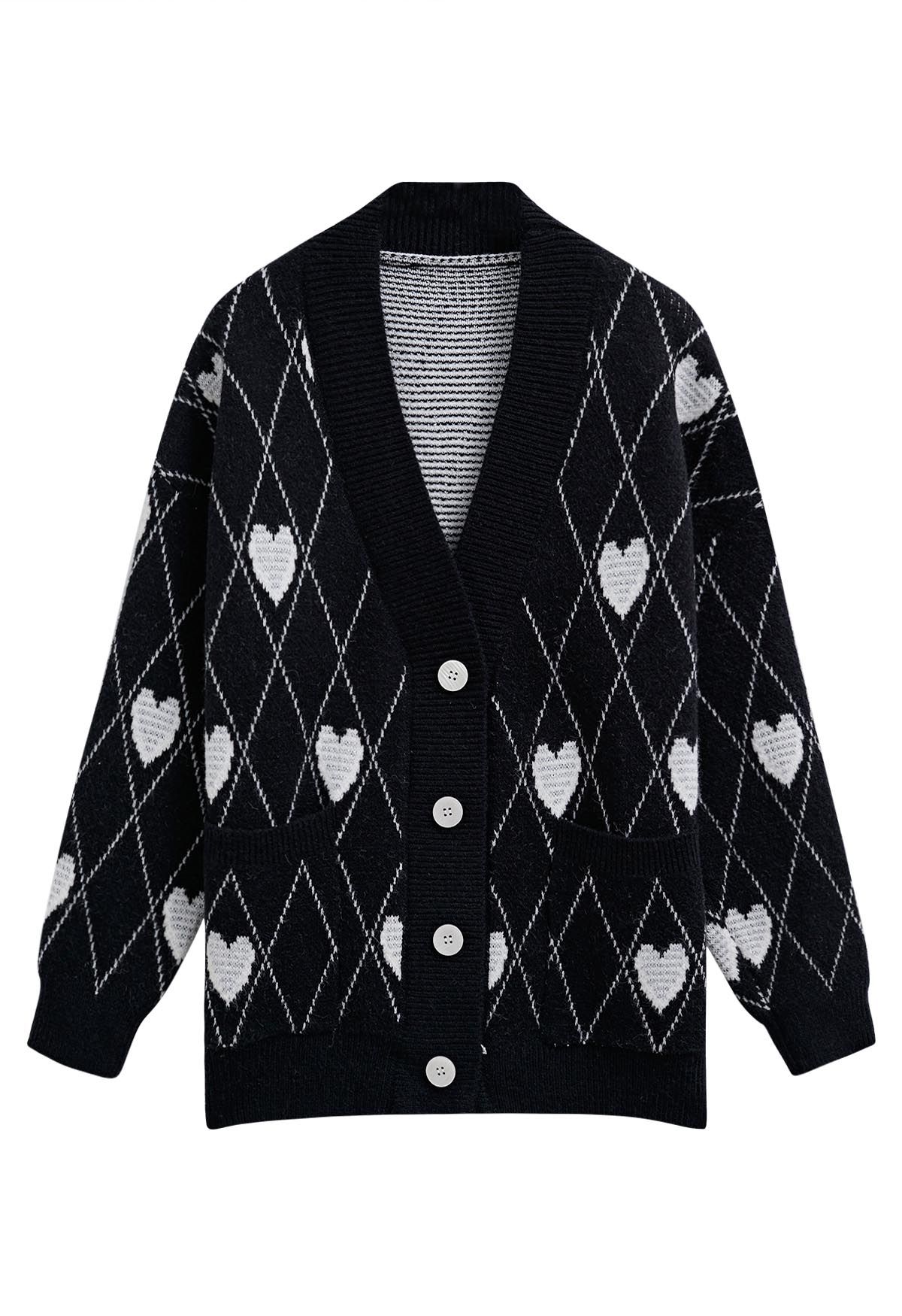 Diamond-Shape Heart Pattern Button-Up Cardigan in Black
