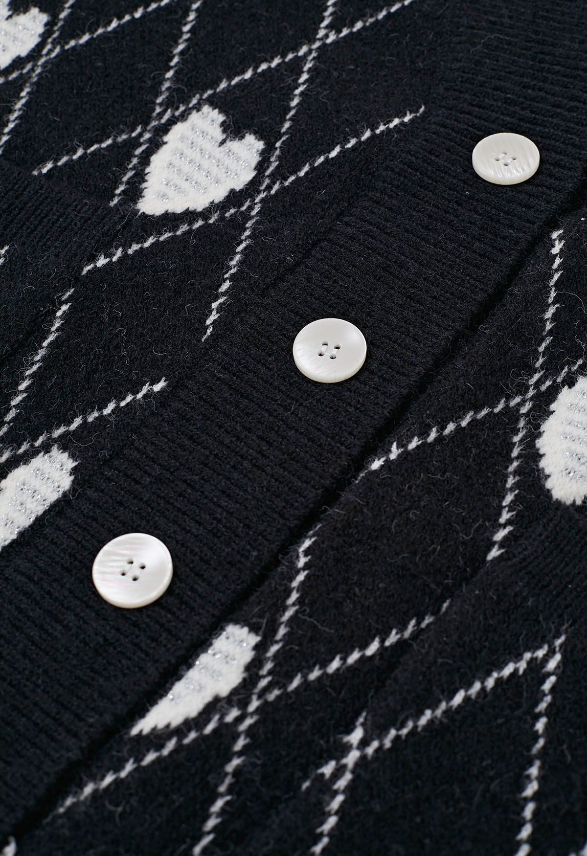 Diamond-Shape Heart Pattern Button-Up Cardigan in Black