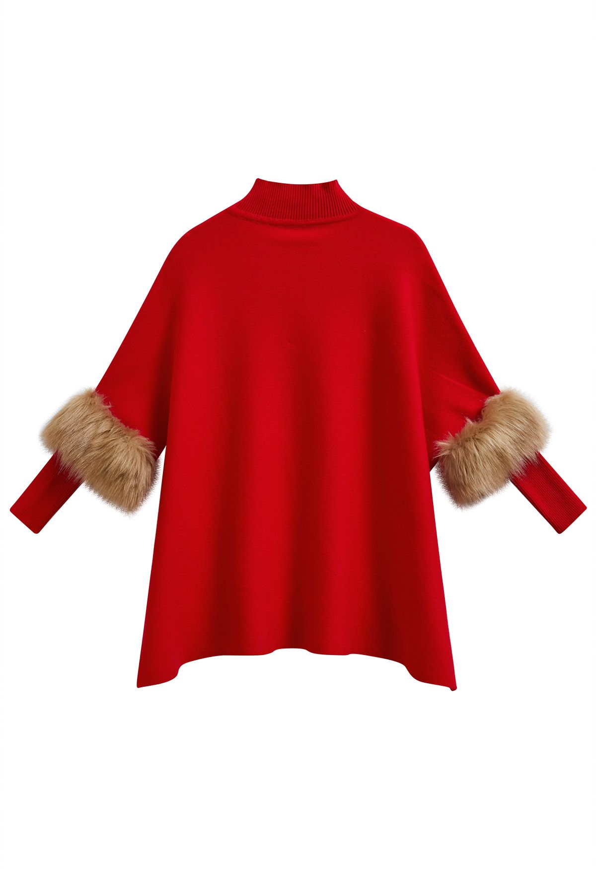 Faux Fur Sleeve Split Hem Knit Poncho in Red