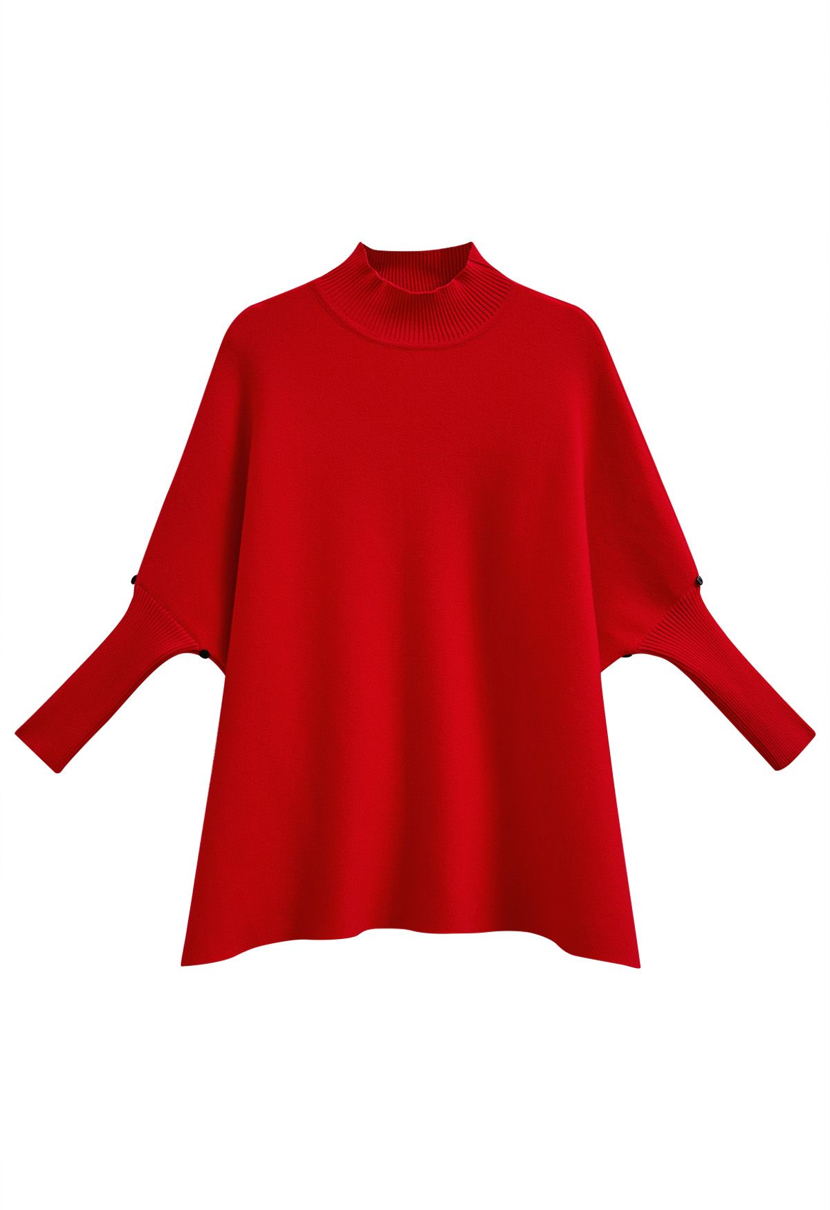 Faux Fur Sleeve Split Hem Knit Poncho in Red