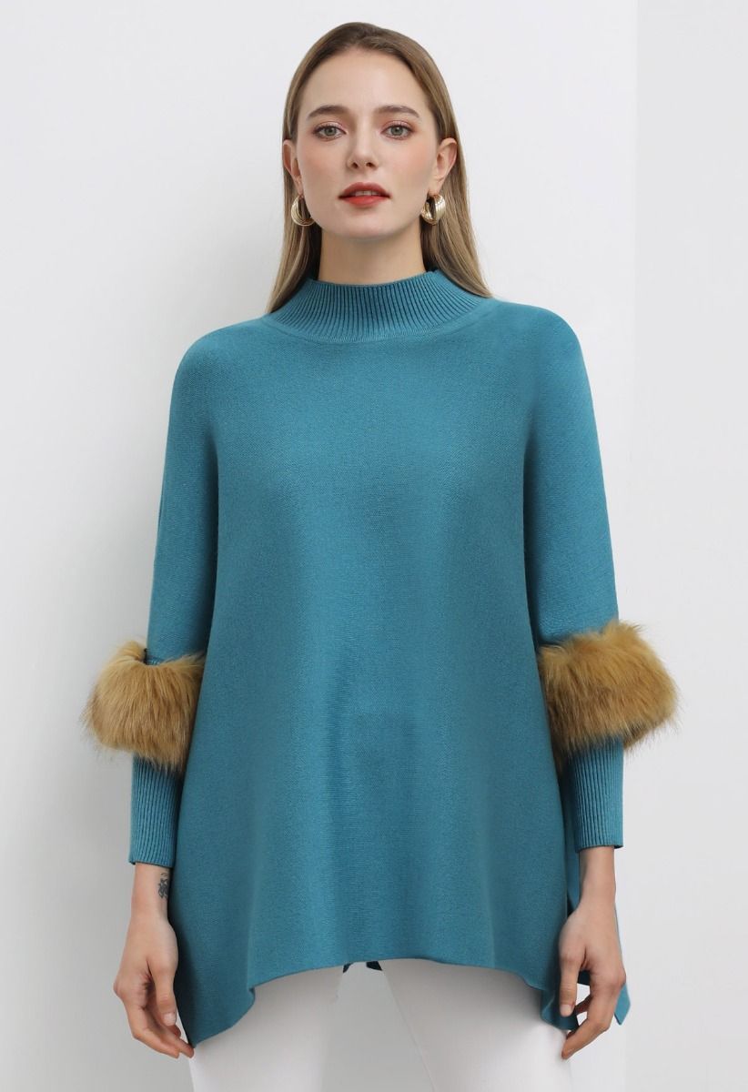 Faux Fur Sleeve Split Hem Knit Poncho in Turquoise