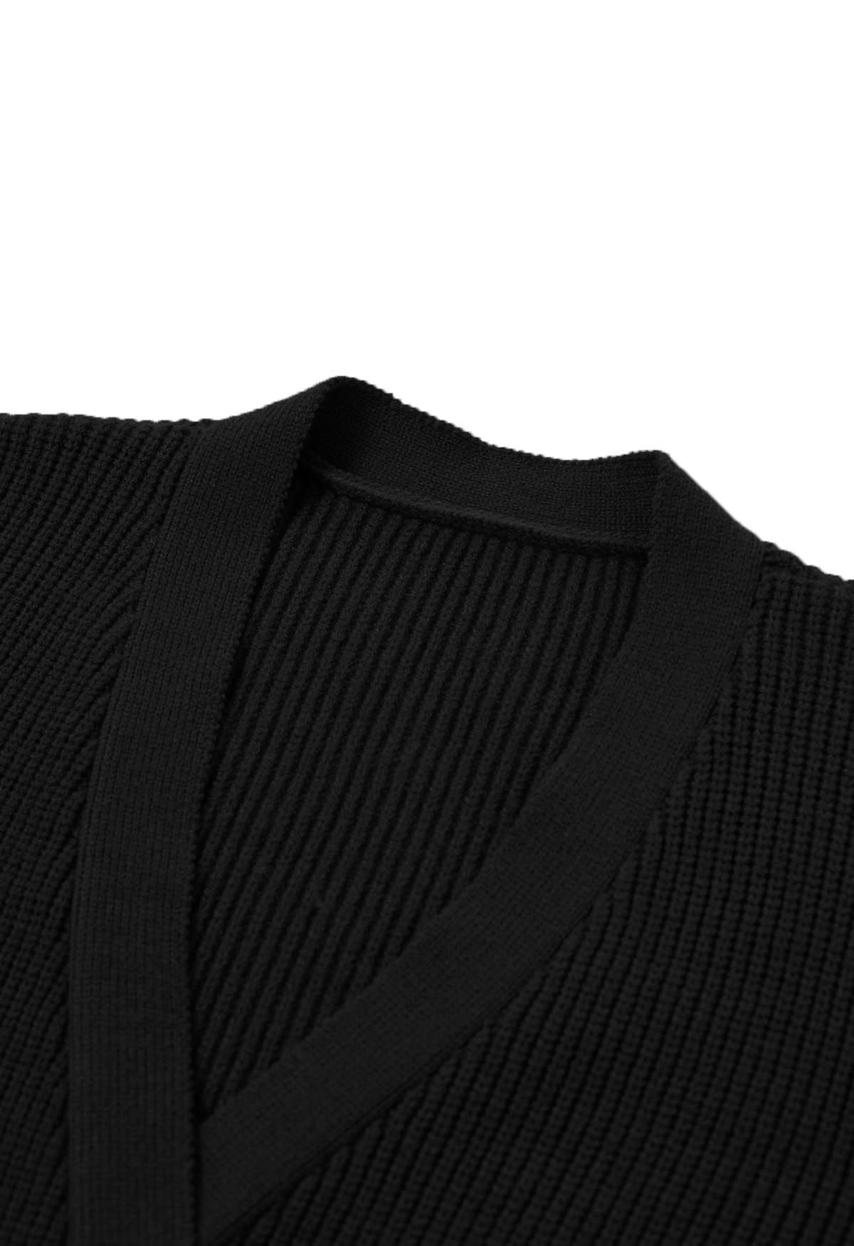 V-Neck Double-Breasted Knit Cardigan in Black