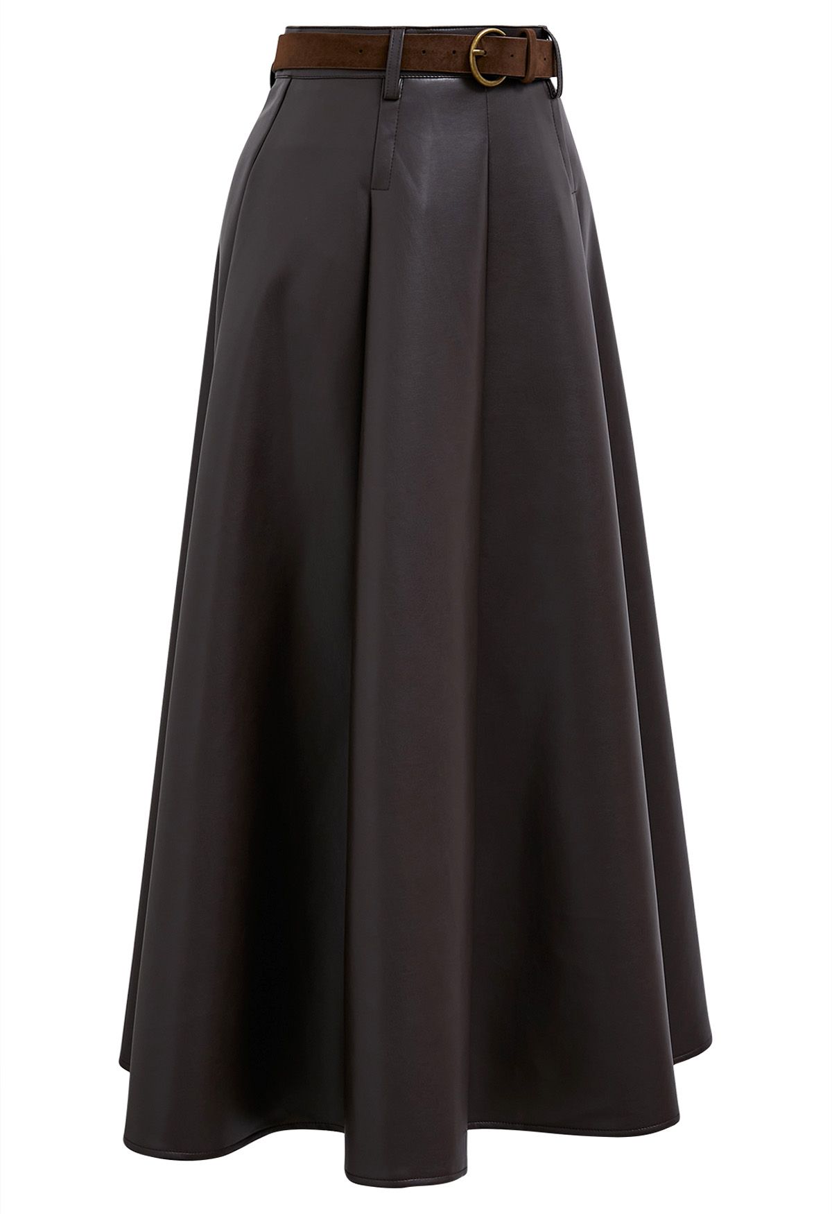 Faux Leather Belted A-Line Maxi Skirt in Brown
